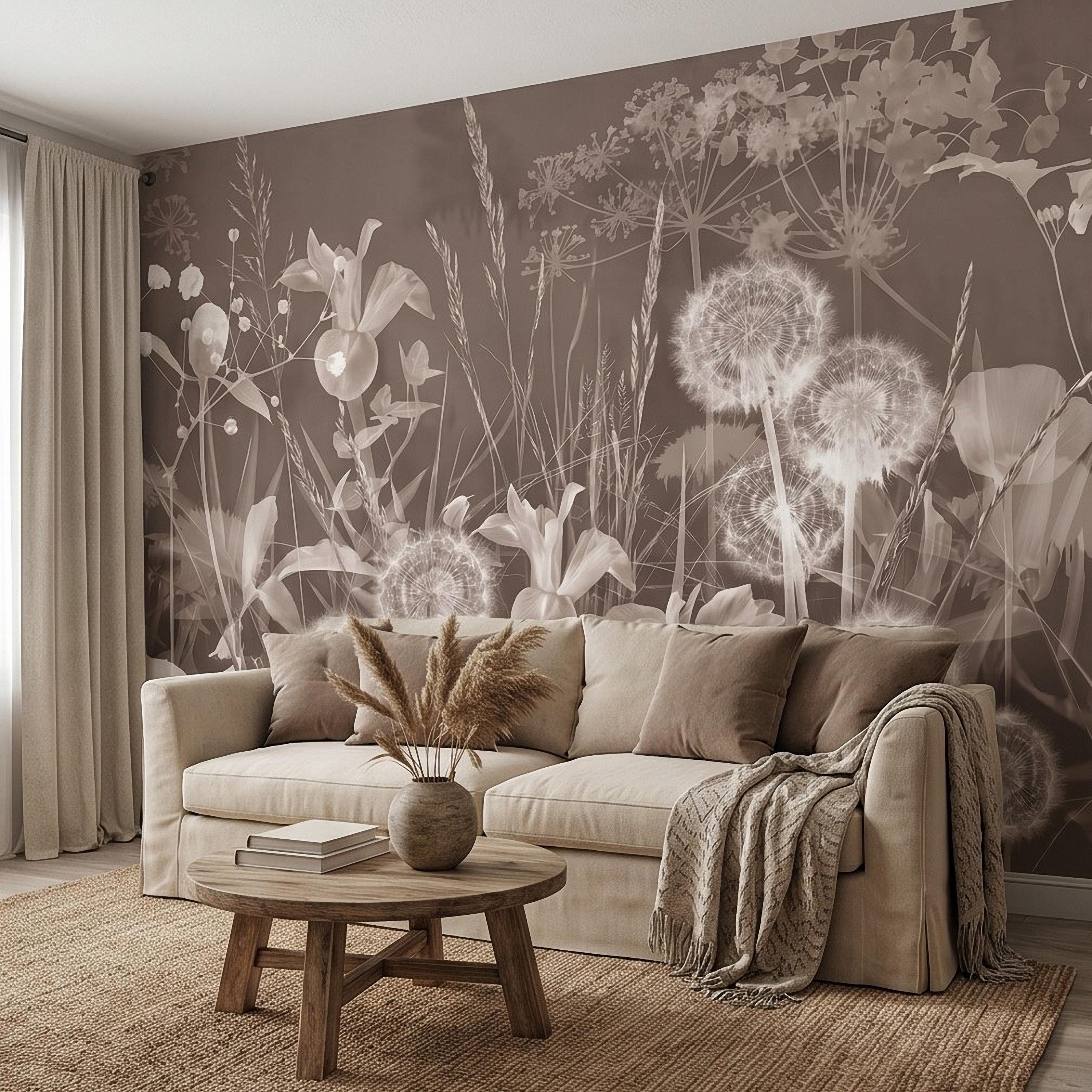 Neutral Sepia Meadow Botanical Peel and Stick Wall Mural, Dandelion Puffs Wildflowers & Grasses, Vintage Monochrome Cottage Floral Wallpaper