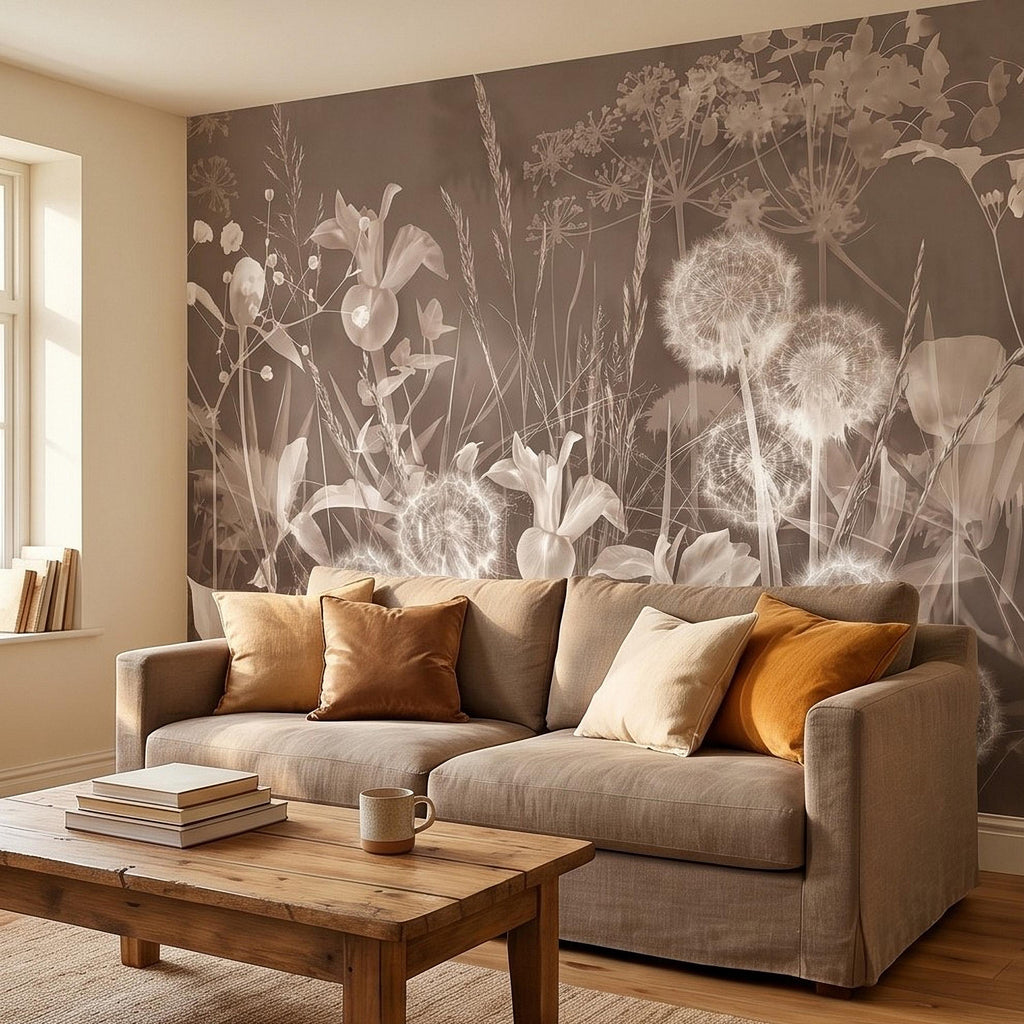 Neutral Sepia Meadow Botanical Peel and Stick Wall Mural, Dandelion Puffs Wildflowers & Grasses, Vintage Monochrome Cottage Floral Wallpaper