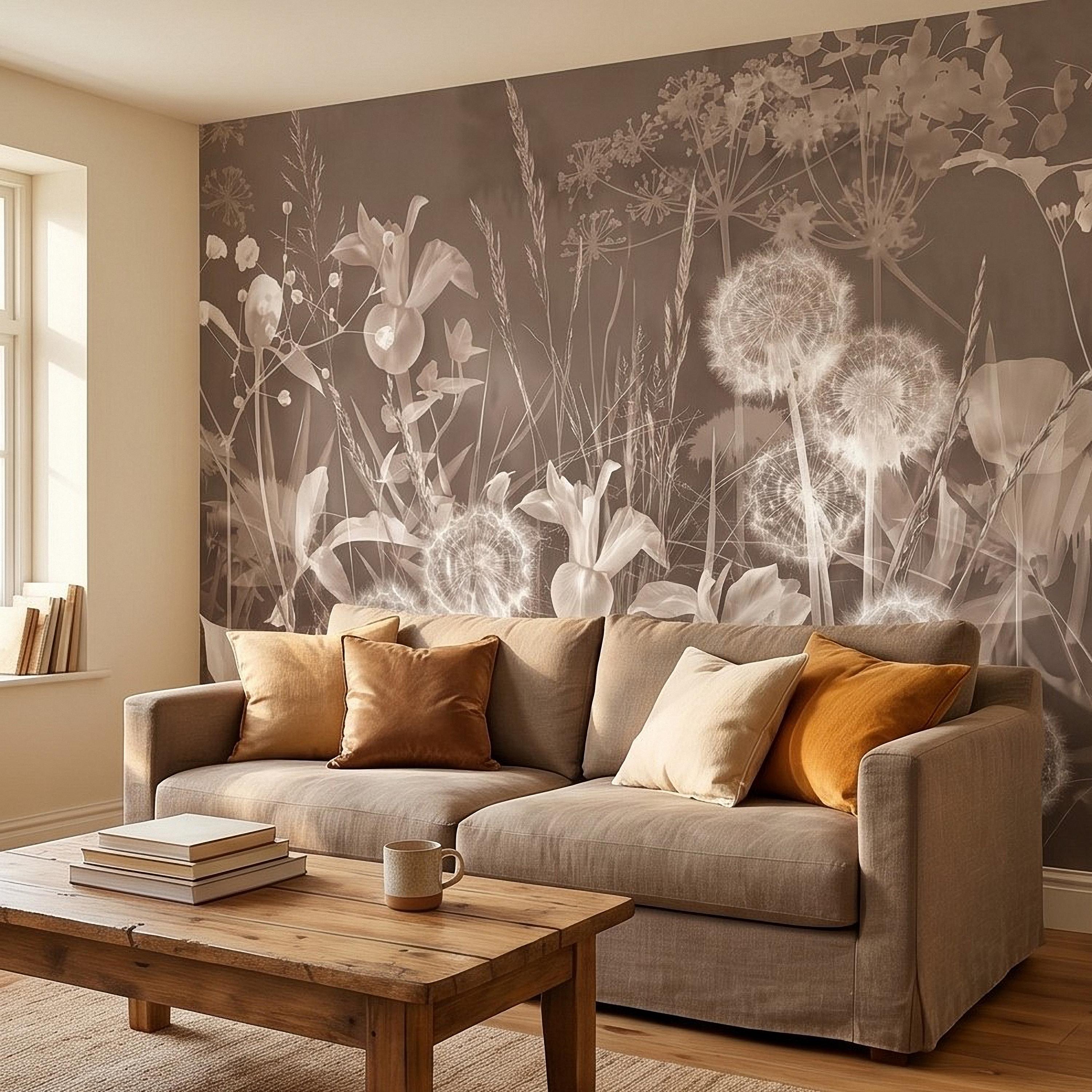 Neutral Sepia Meadow Botanical Peel and Stick Wall Mural, Dandelion Puffs Wildflowers & Grasses, Vintage Monochrome Cottage Floral Wallpaper