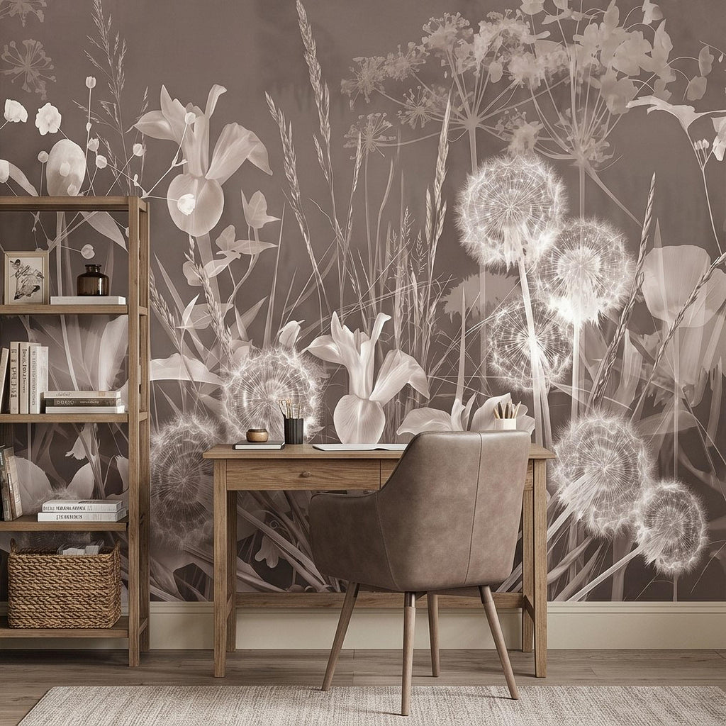 Neutral Sepia Meadow Botanical Peel and Stick Wall Mural, Dandelion Puffs Wildflowers & Grasses, Vintage Monochrome Cottage Floral Wallpaper