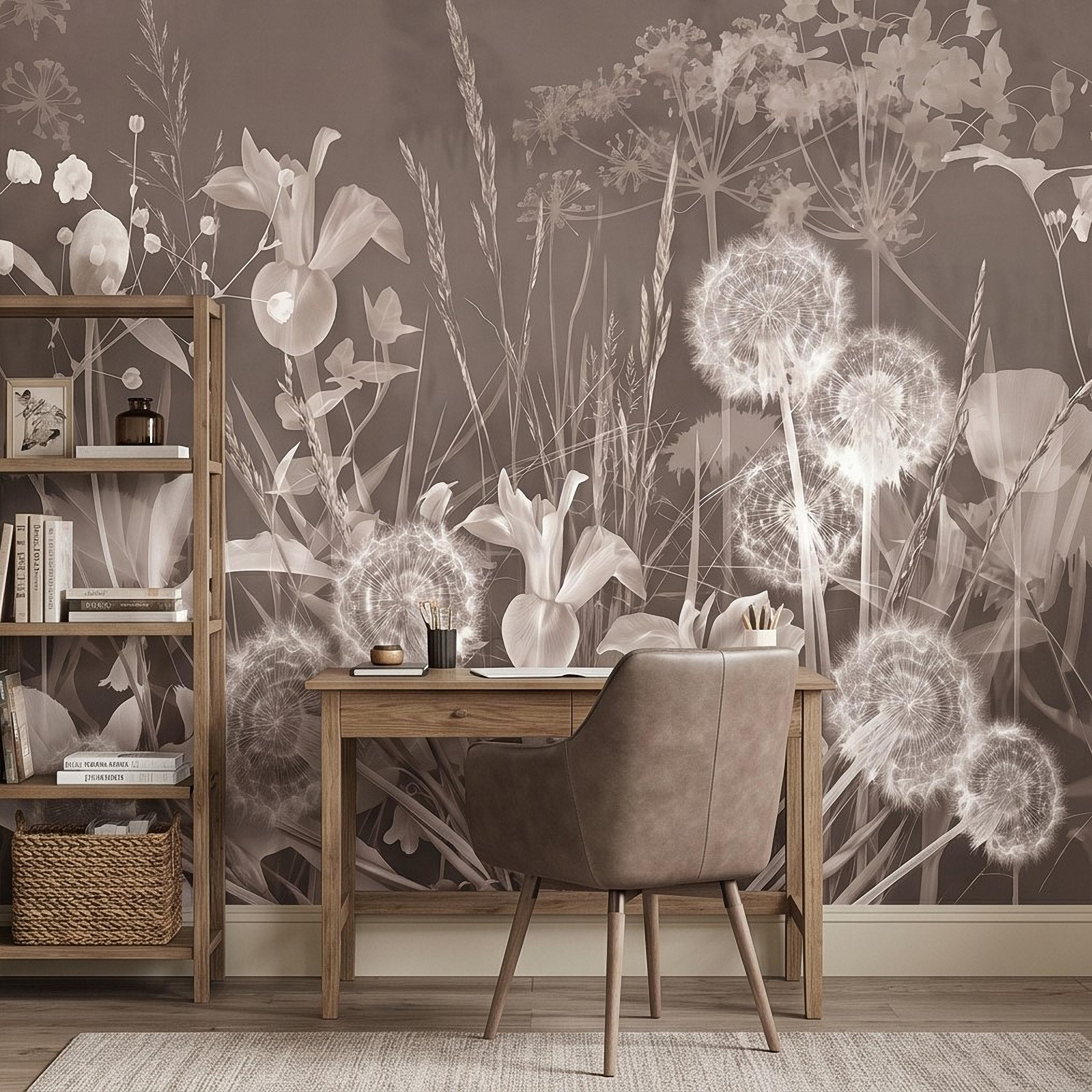 Neutral Sepia Meadow Botanical Peel and Stick Wall Mural, Dandelion Puffs Wildflowers & Grasses, Vintage Monochrome Cottage Floral Wallpaper