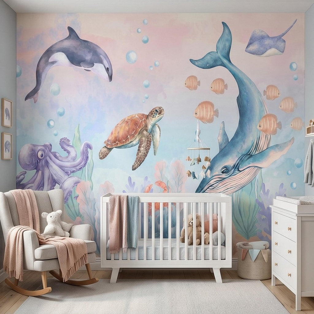 Watercolor Ocean Peel and Stick Wall Mural, Underwater Sea Animals with Whale Orca Turtle and Octopus, Pastel Nursery Wallpaper