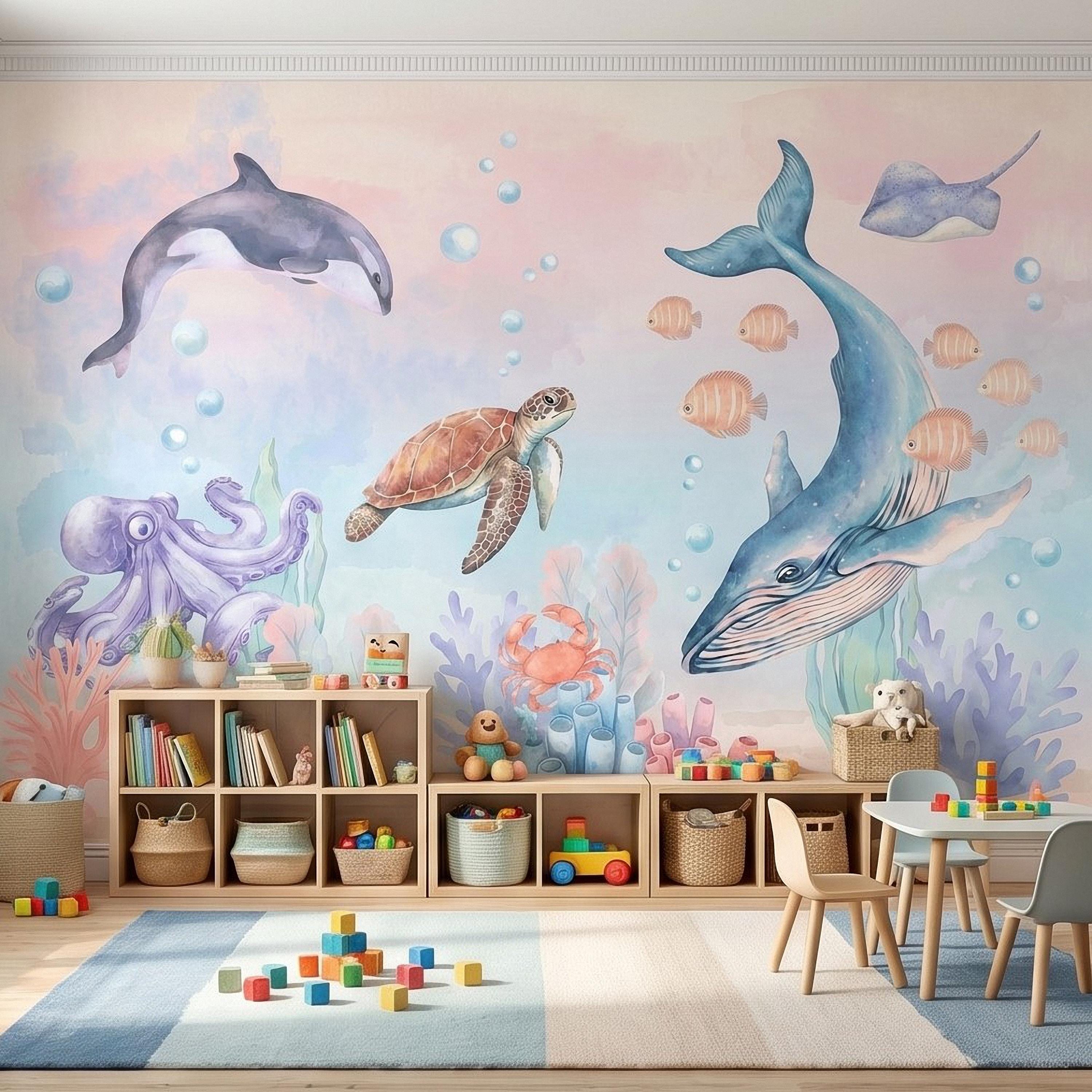 Watercolor Ocean Peel and Stick Wall Mural, Underwater Sea Animals with Whale Orca Turtle and Octopus, Pastel Nursery Wallpaper