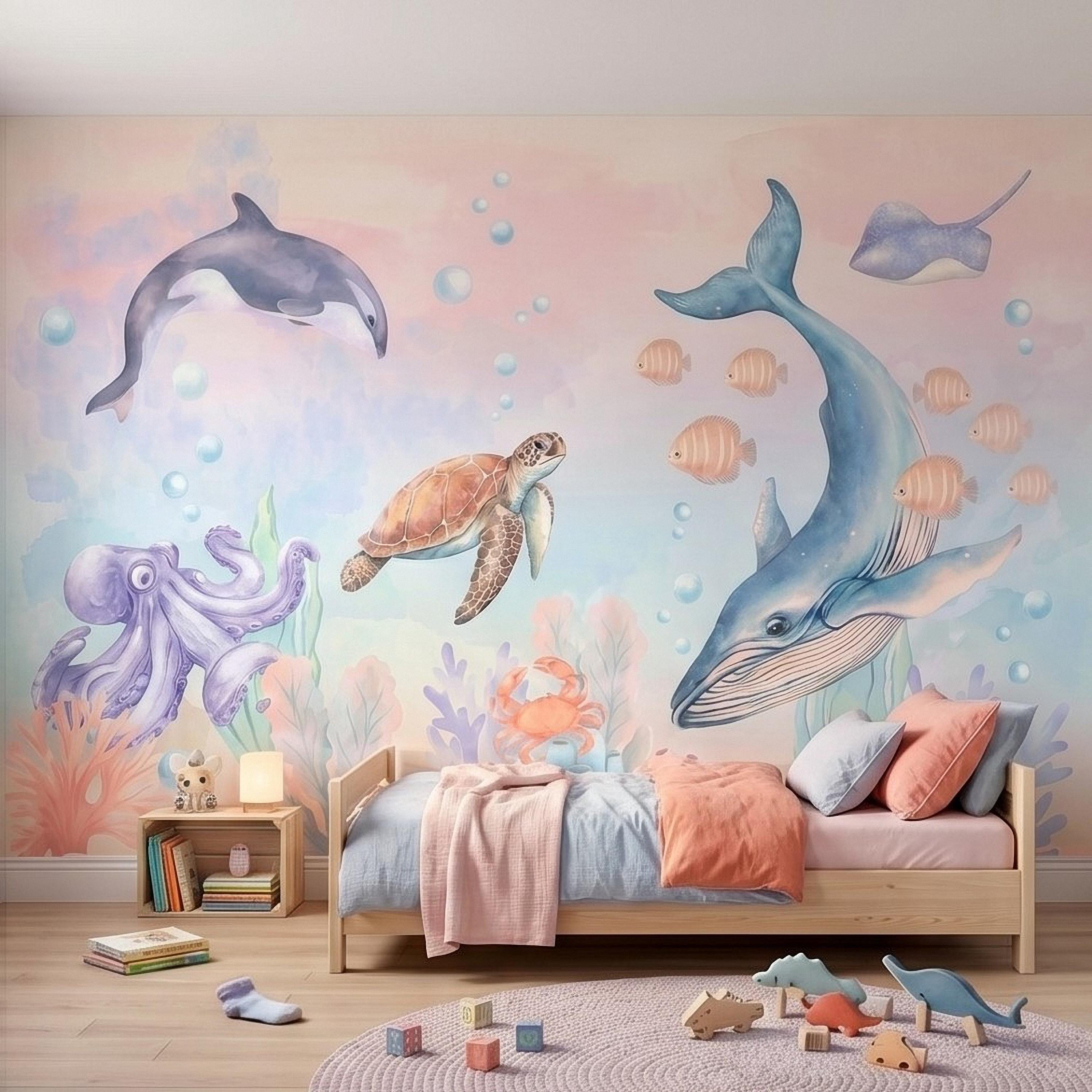 Watercolor Ocean Peel and Stick Wall Mural, Underwater Sea Animals with Whale Orca Turtle and Octopus, Pastel Nursery Wallpaper
