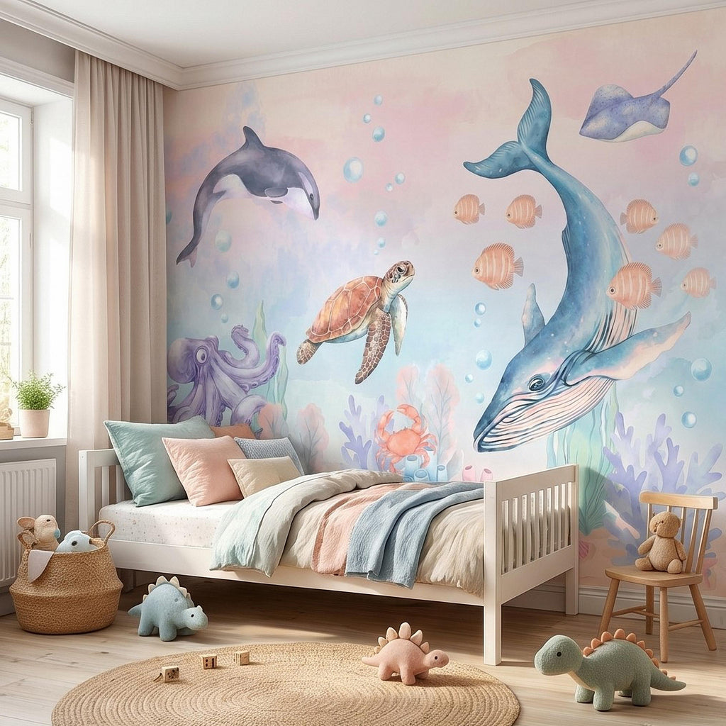 Watercolor Ocean Peel and Stick Wall Mural, Underwater Sea Animals with Whale Orca Turtle and Octopus, Pastel Nursery Wallpaper
