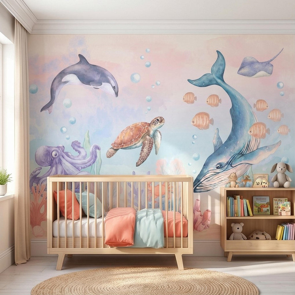 Watercolor Ocean Peel and Stick Wall Mural, Underwater Sea Animals with Whale Orca Turtle and Octopus, Pastel Nursery Wallpaper