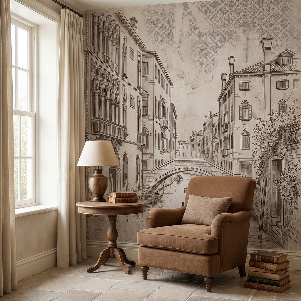 Venice Canal Gondola Peel and Stick Wall Mural, Vintage Italian City Sketch, Architectural Line Drawing, Neutral Sepia Old World Wallpaper