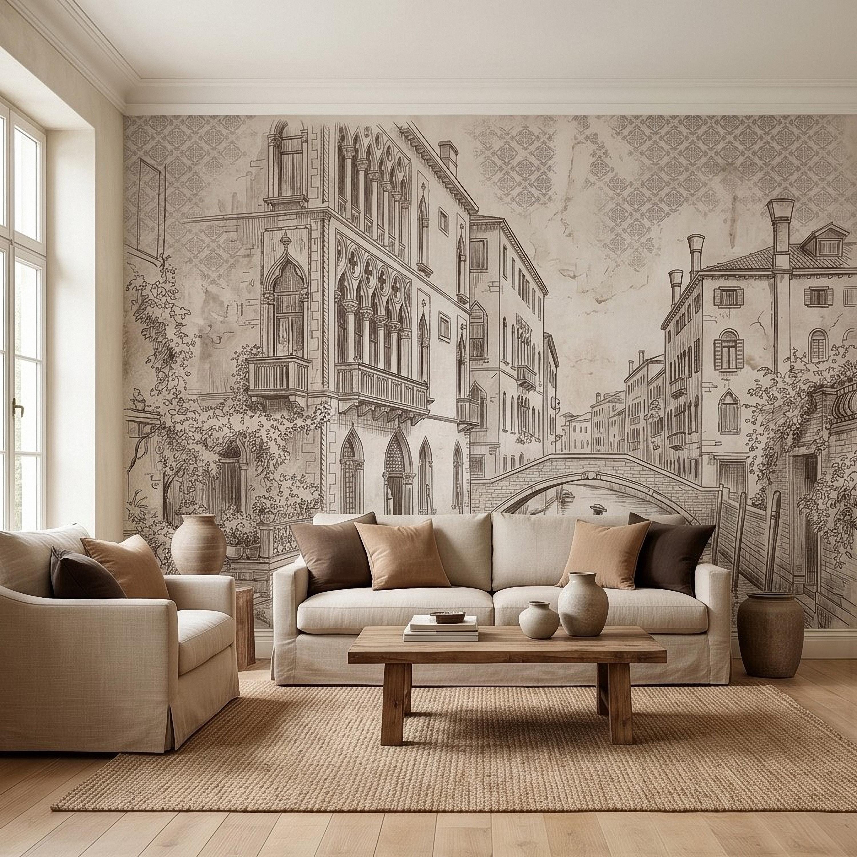 Venice Canal Gondola Peel and Stick Wall Mural, Vintage Italian City Sketch, Architectural Line Drawing, Neutral Sepia Old World Wallpaper