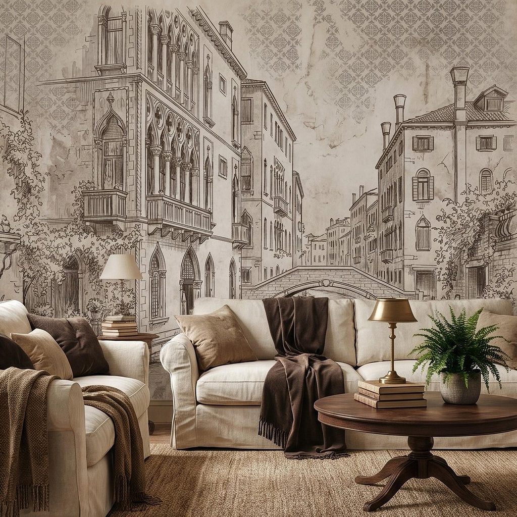 Venice Canal Gondola Peel and Stick Wall Mural, Vintage Italian City Sketch, Architectural Line Drawing, Neutral Sepia Old World Wallpaper