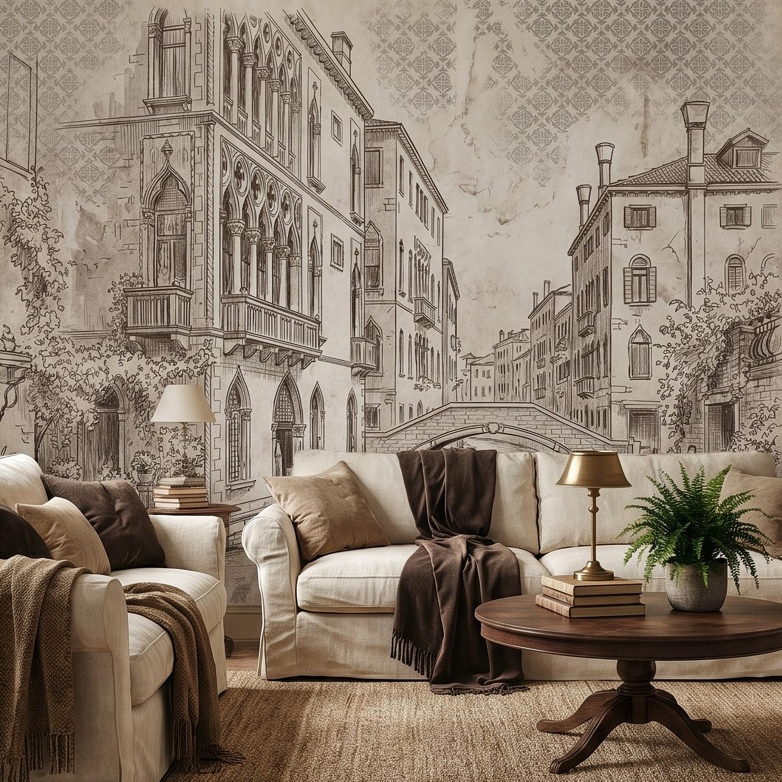 Venice Canal Gondola Peel and Stick Wall Mural, Vintage Italian City Sketch, Architectural Line Drawing, Neutral Sepia Old World Wallpaper