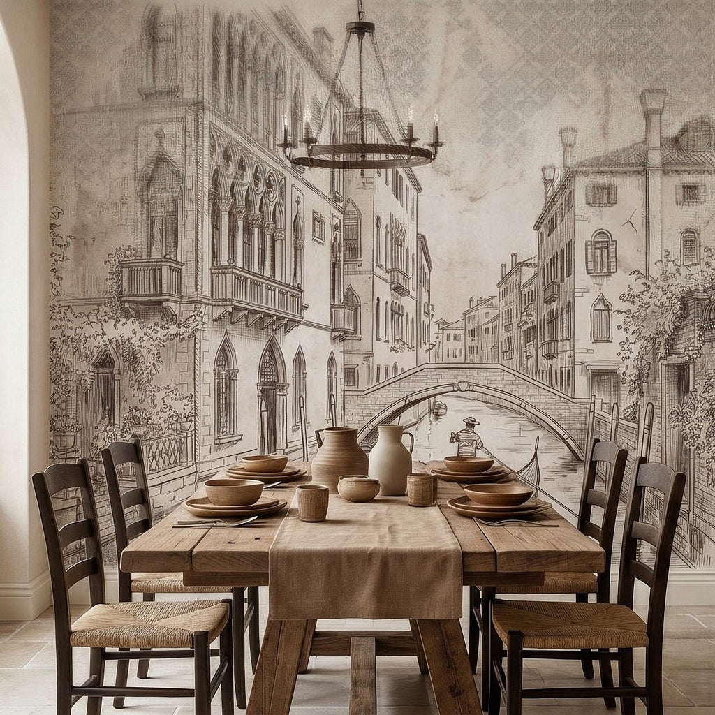 Venice Canal Gondola Peel and Stick Wall Mural, Vintage Italian City Sketch, Architectural Line Drawing, Neutral Sepia Old World Wallpaper