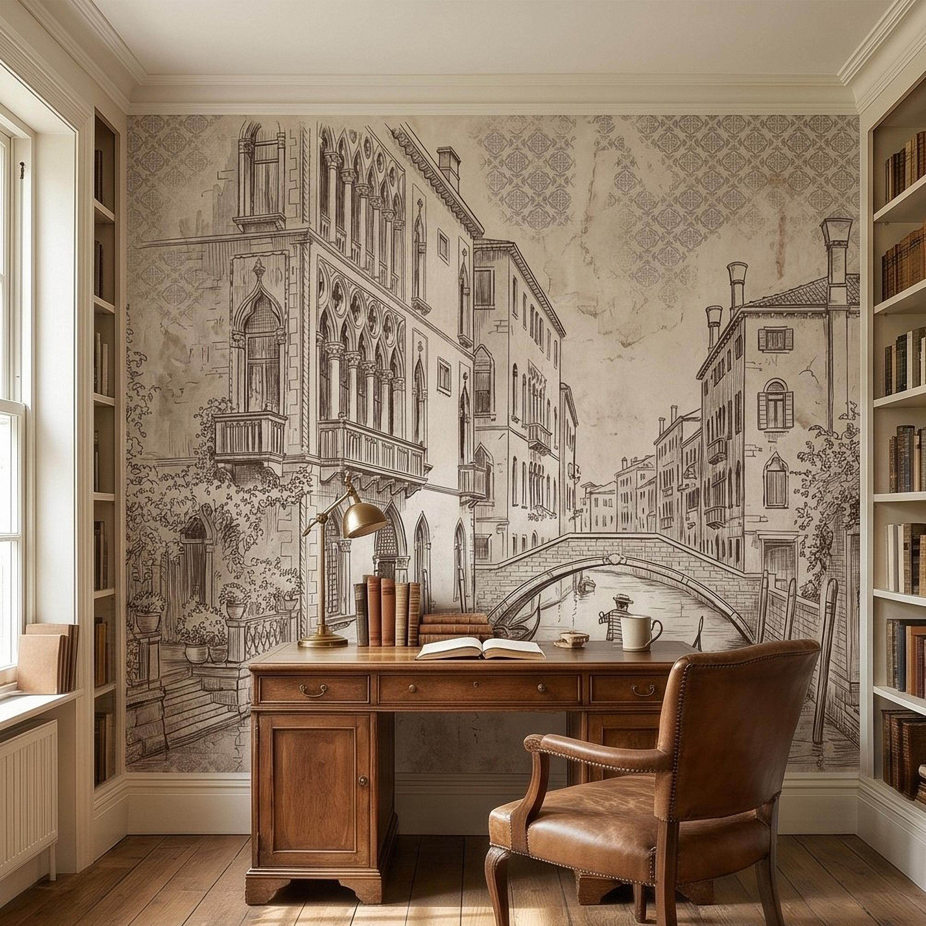 Venice Canal Gondola Peel and Stick Wall Mural, Vintage Italian City Sketch, Architectural Line Drawing, Neutral Sepia Old World Wallpaper