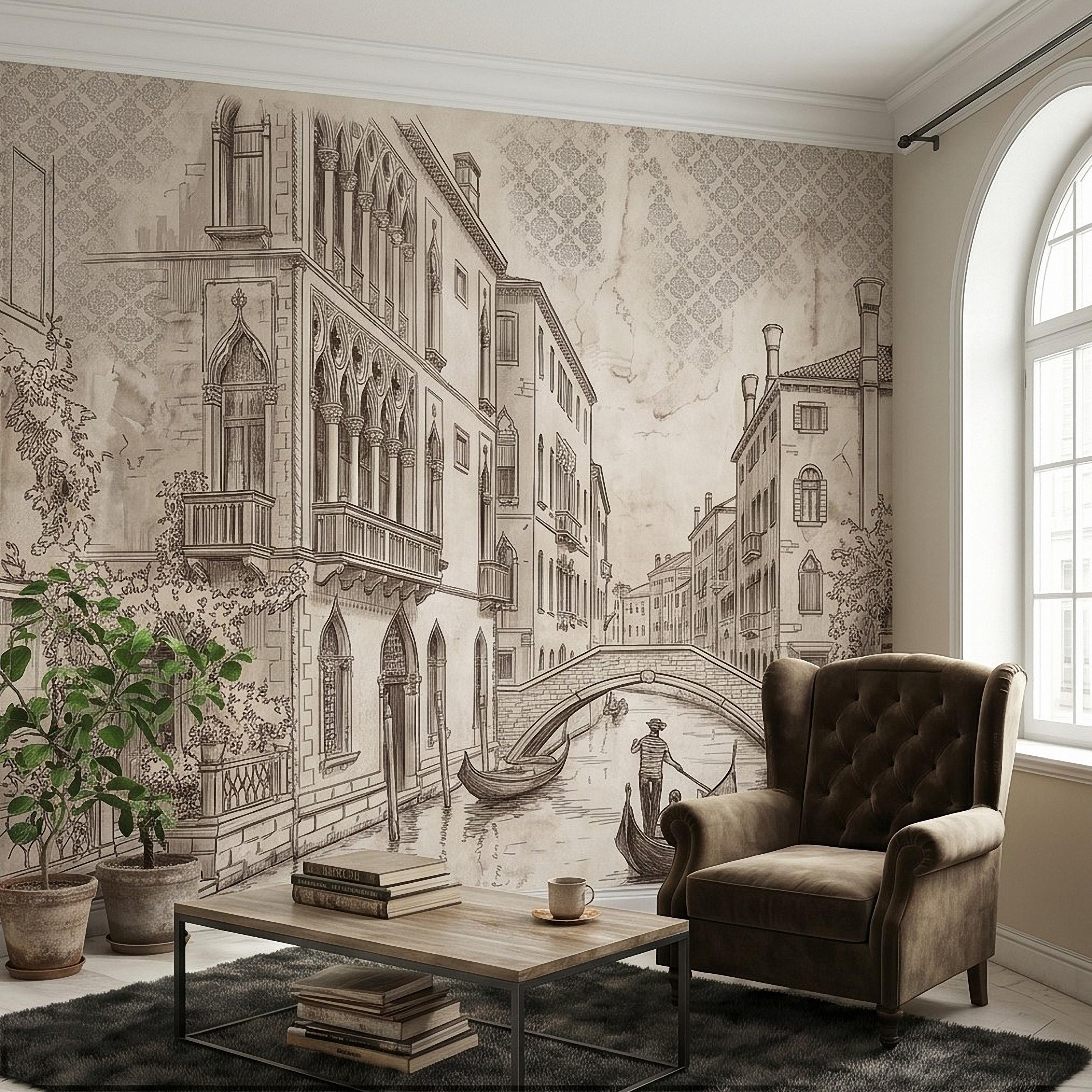 Venice Canal Gondola Peel and Stick Wall Mural, Vintage Italian City Sketch, Architectural Line Drawing, Neutral Sepia Old World Wallpaper