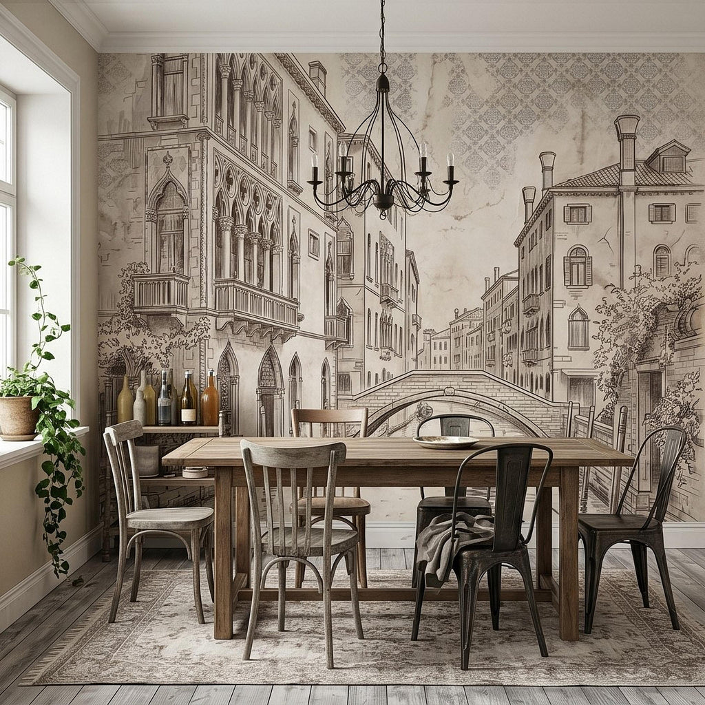 Venice Canal Gondola Peel and Stick Wall Mural, Vintage Italian City Sketch, Architectural Line Drawing, Neutral Sepia Old World Wallpaper
