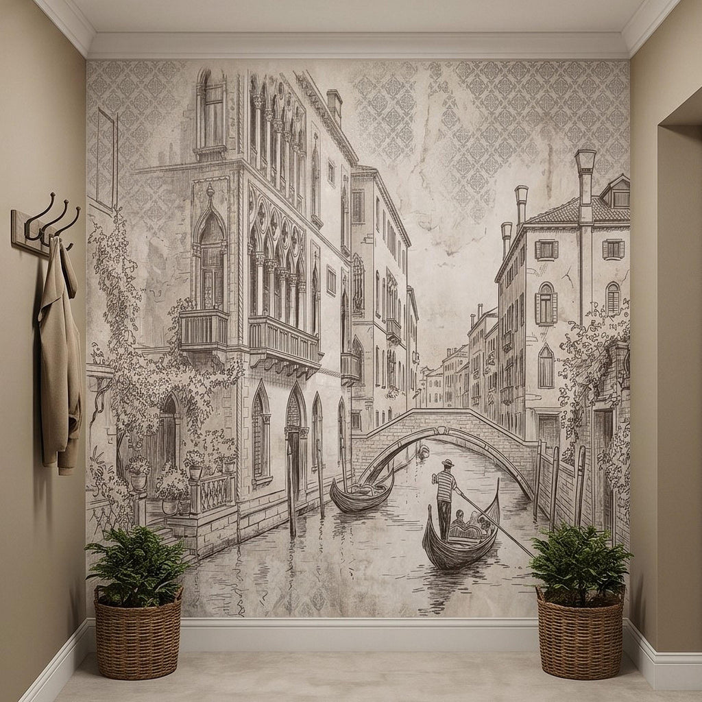 Venice Canal Gondola Peel and Stick Wall Mural, Vintage Italian City Sketch, Architectural Line Drawing, Neutral Sepia Old World Wallpaper