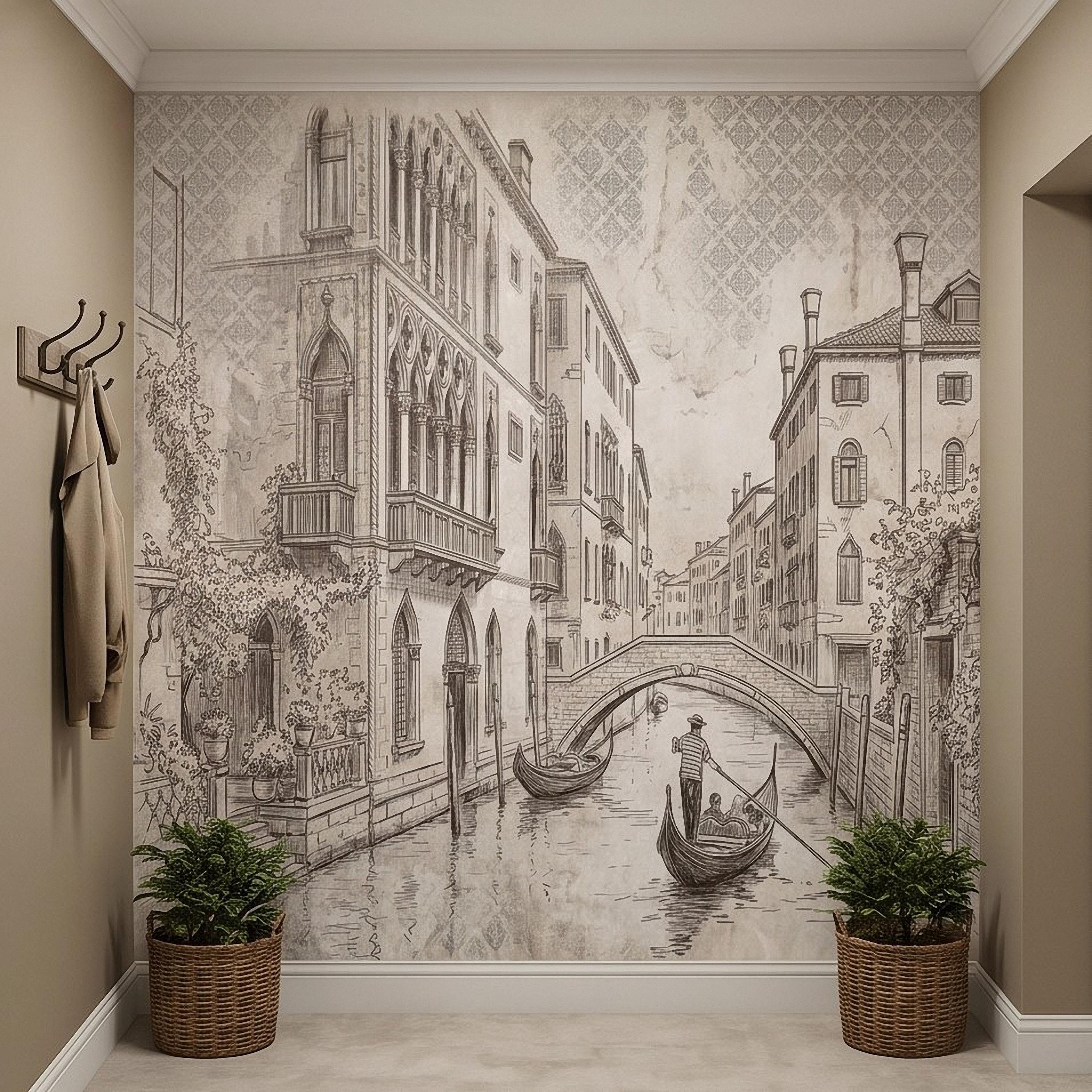 Venice Canal Gondola Peel and Stick Wall Mural, Vintage Italian City Sketch, Architectural Line Drawing, Neutral Sepia Old World Wallpaper