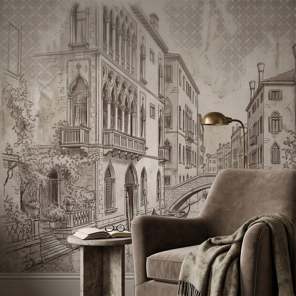 Venice Canal Gondola Peel and Stick Wall Mural, Vintage Italian City Sketch, Architectural Line Drawing, Neutral Sepia Old World Wallpaper