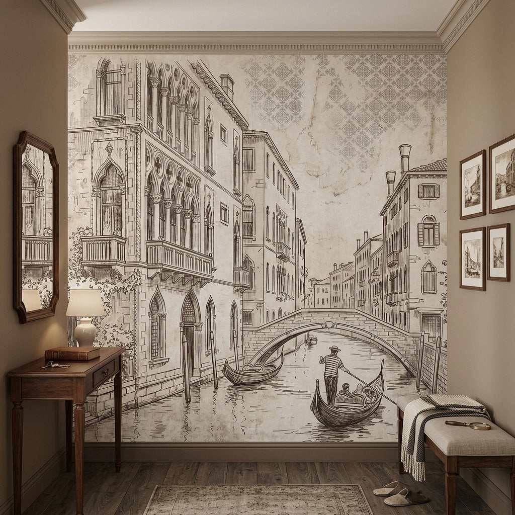 Venice Canal Gondola Peel and Stick Wall Mural, Vintage Italian City Sketch, Architectural Line Drawing, Neutral Sepia Old World Wallpaper