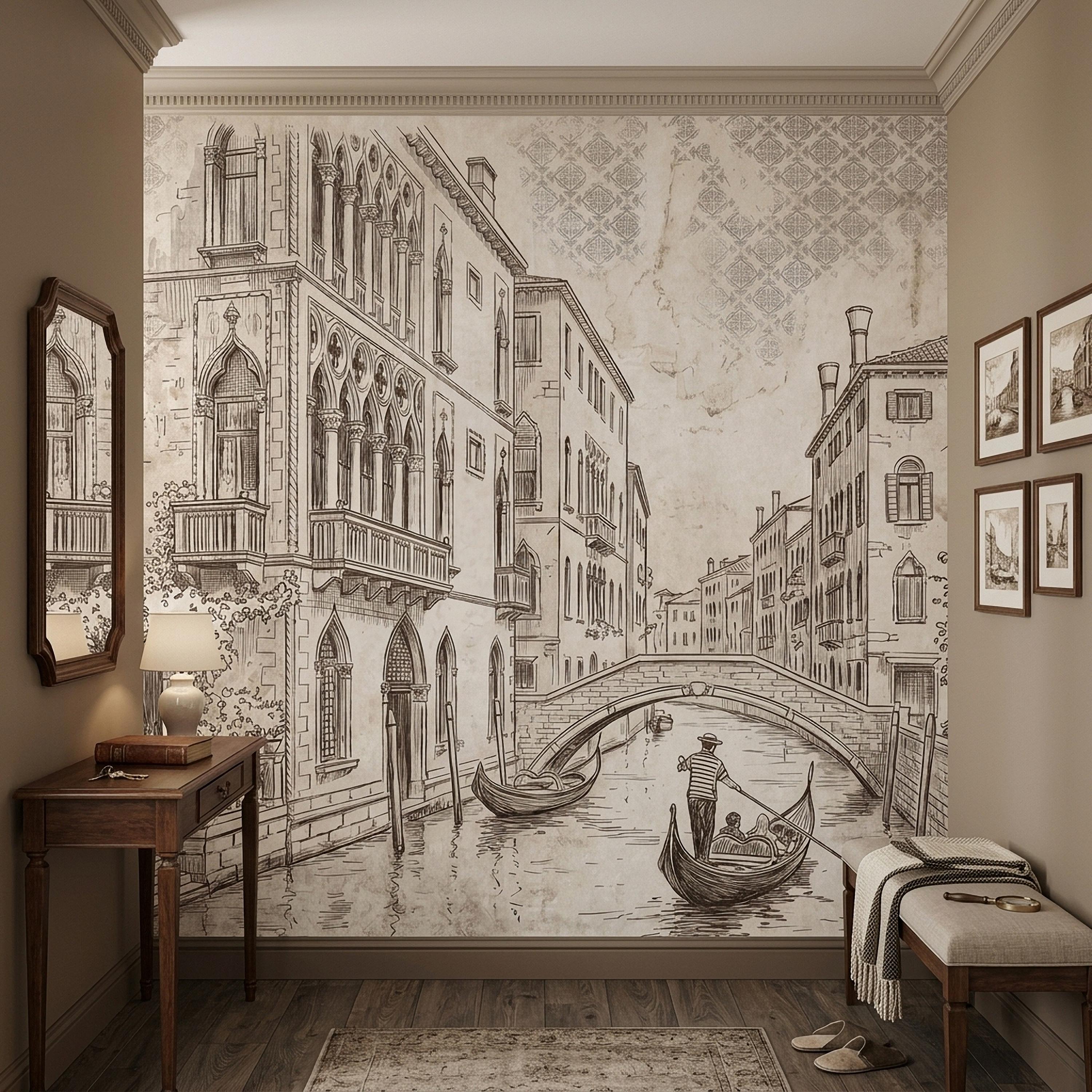 Venice Canal Gondola Peel and Stick Wall Mural, Vintage Italian City Sketch, Architectural Line Drawing, Neutral Sepia Old World Wallpaper