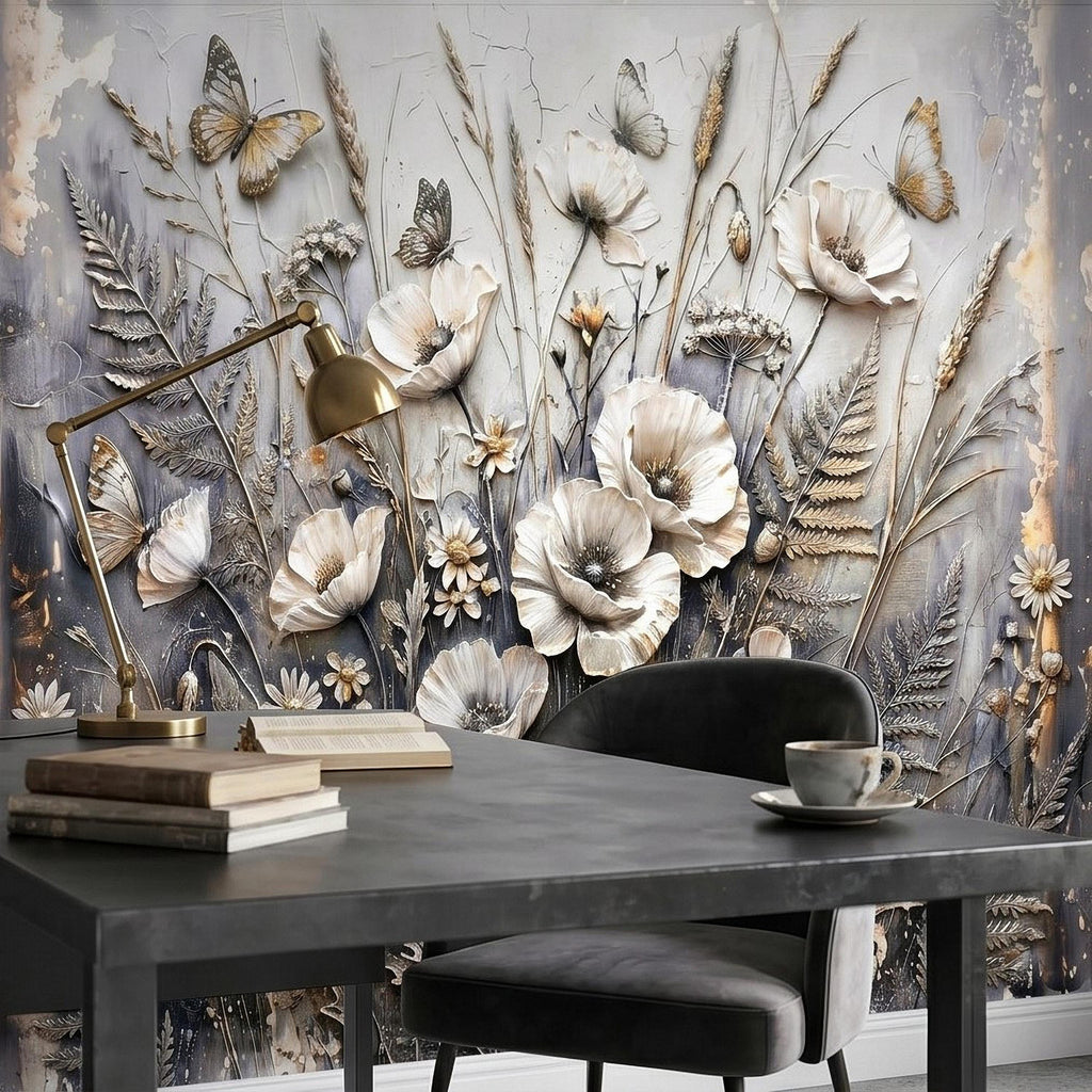 White Floral Botanical Peel & Stick Wall Mural Textured Butterflies Wildflowers Gray Plaster Style Luxury Embossed Vintage Elegant Wallpaper