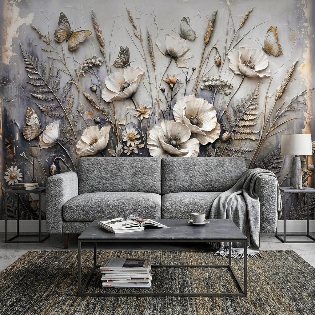 White Floral Botanical Peel & Stick Wall Mural Textured Butterflies Wildflowers Gray Plaster Style Luxury Embossed Vintage Elegant Wallpaper