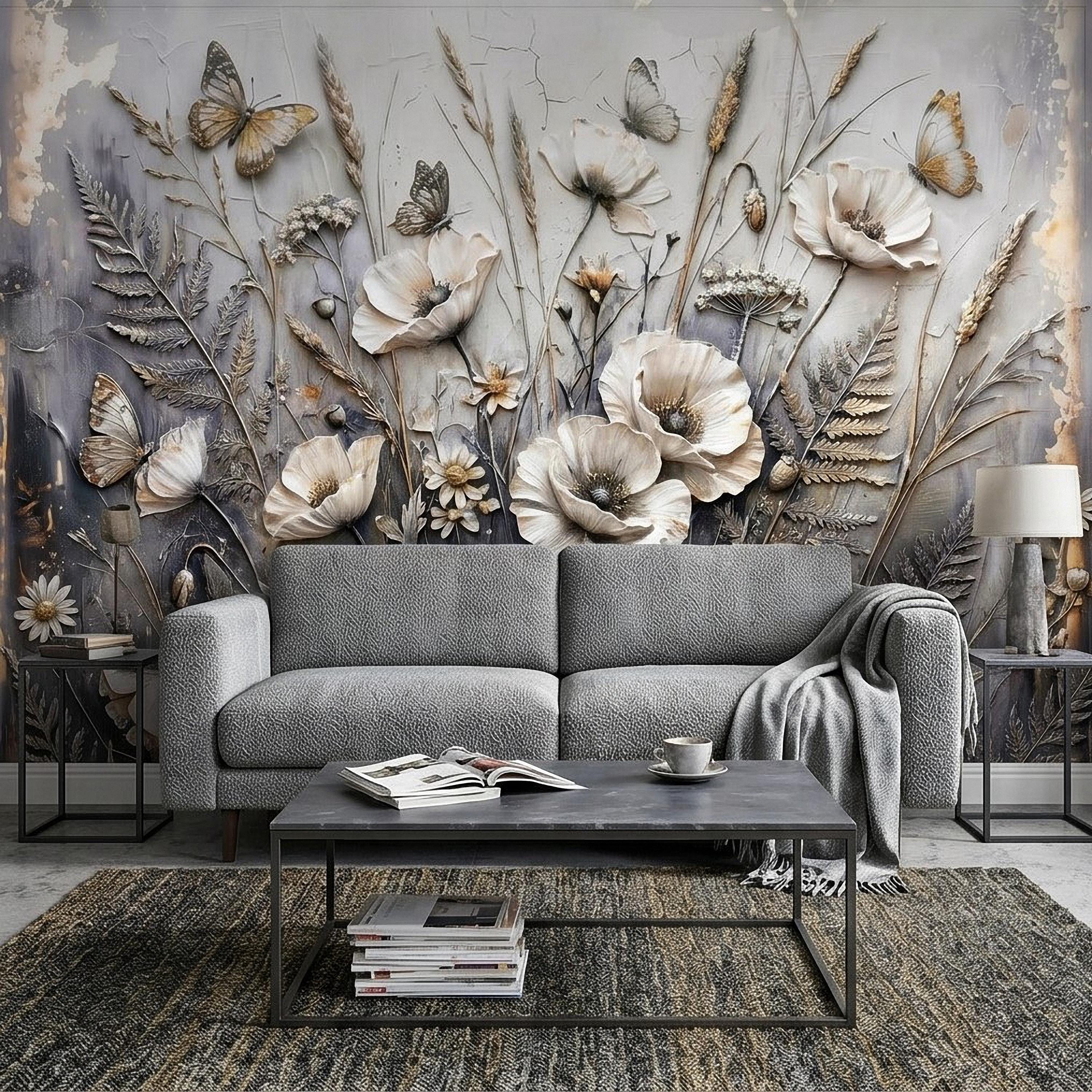White Floral Botanical Peel & Stick Wall Mural Textured Butterflies Wildflowers Gray Plaster Style Luxury Embossed Vintage Elegant Wallpaper