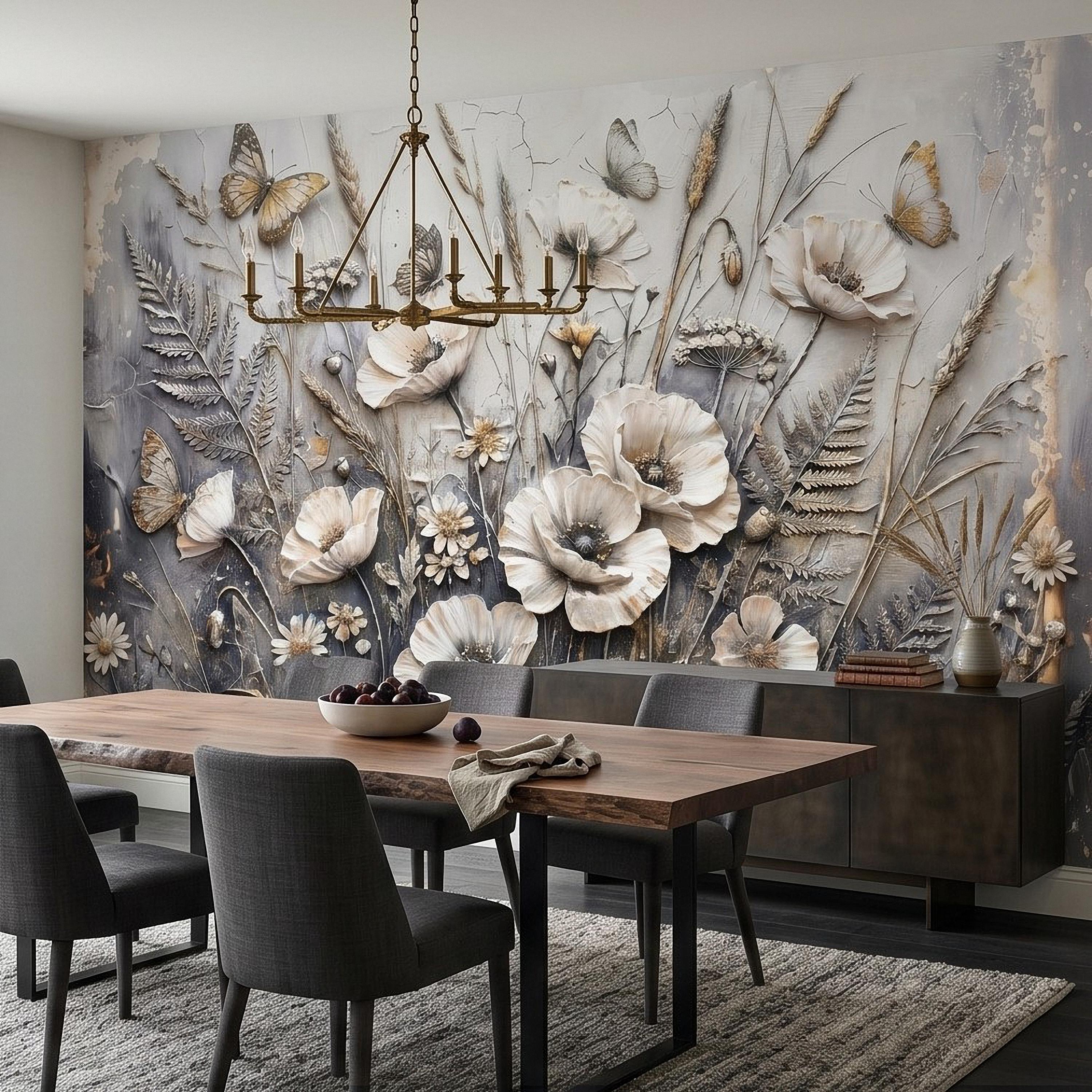 White Floral Botanical Peel & Stick Wall Mural Textured Butterflies Wildflowers Gray Plaster Style Luxury Embossed Vintage Elegant Wallpaper