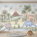 Dinosaur Peel and Stick Wall Mural, Watercolor Jurassic Volcano Scene with T Rex and Triceratops, Kids Room Nursery Wallpaper