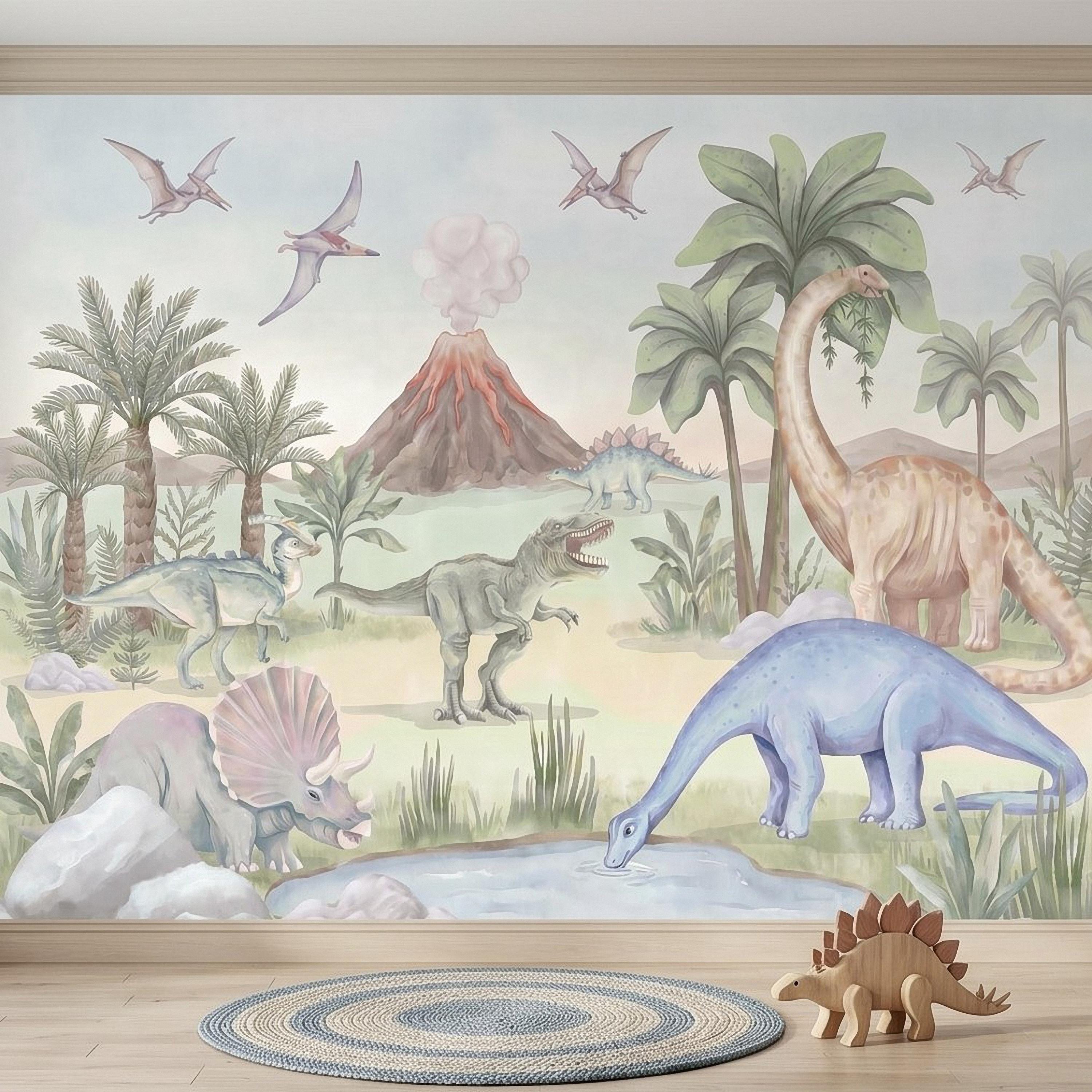 Dinosaur Peel and Stick Wall Mural, Watercolor Jurassic Volcano Scene with T Rex and Triceratops, Kids Room Nursery Wallpaper