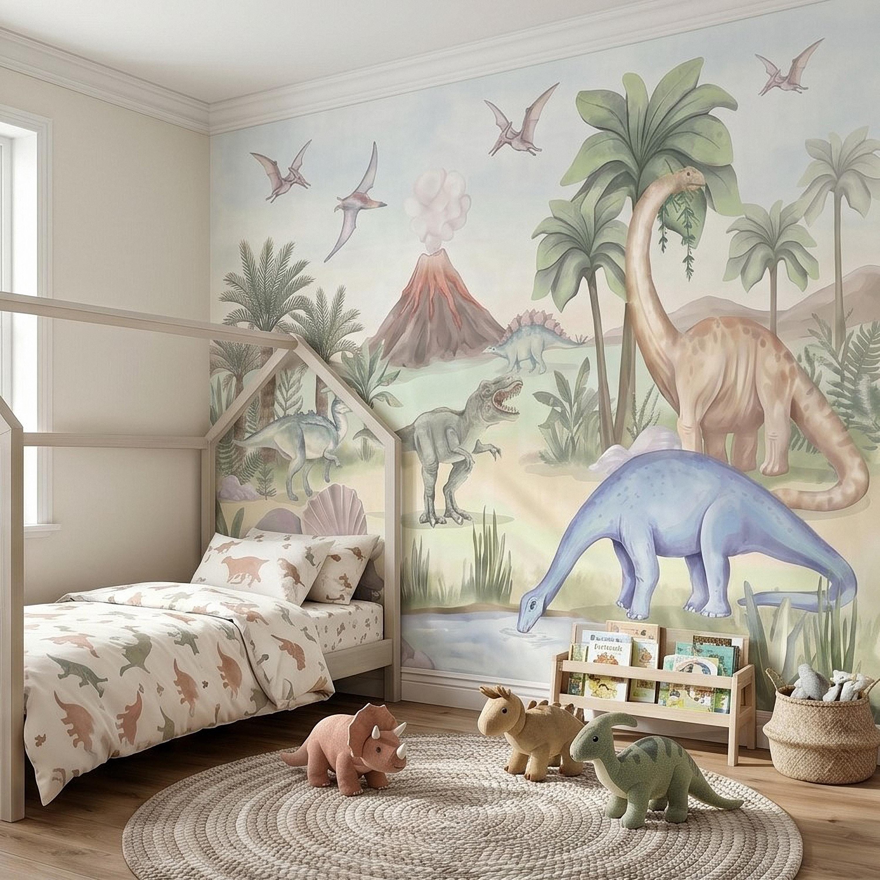 Dinosaur Peel and Stick Wall Mural, Watercolor Jurassic Volcano Scene with T Rex and Triceratops, Kids Room Nursery Wallpaper