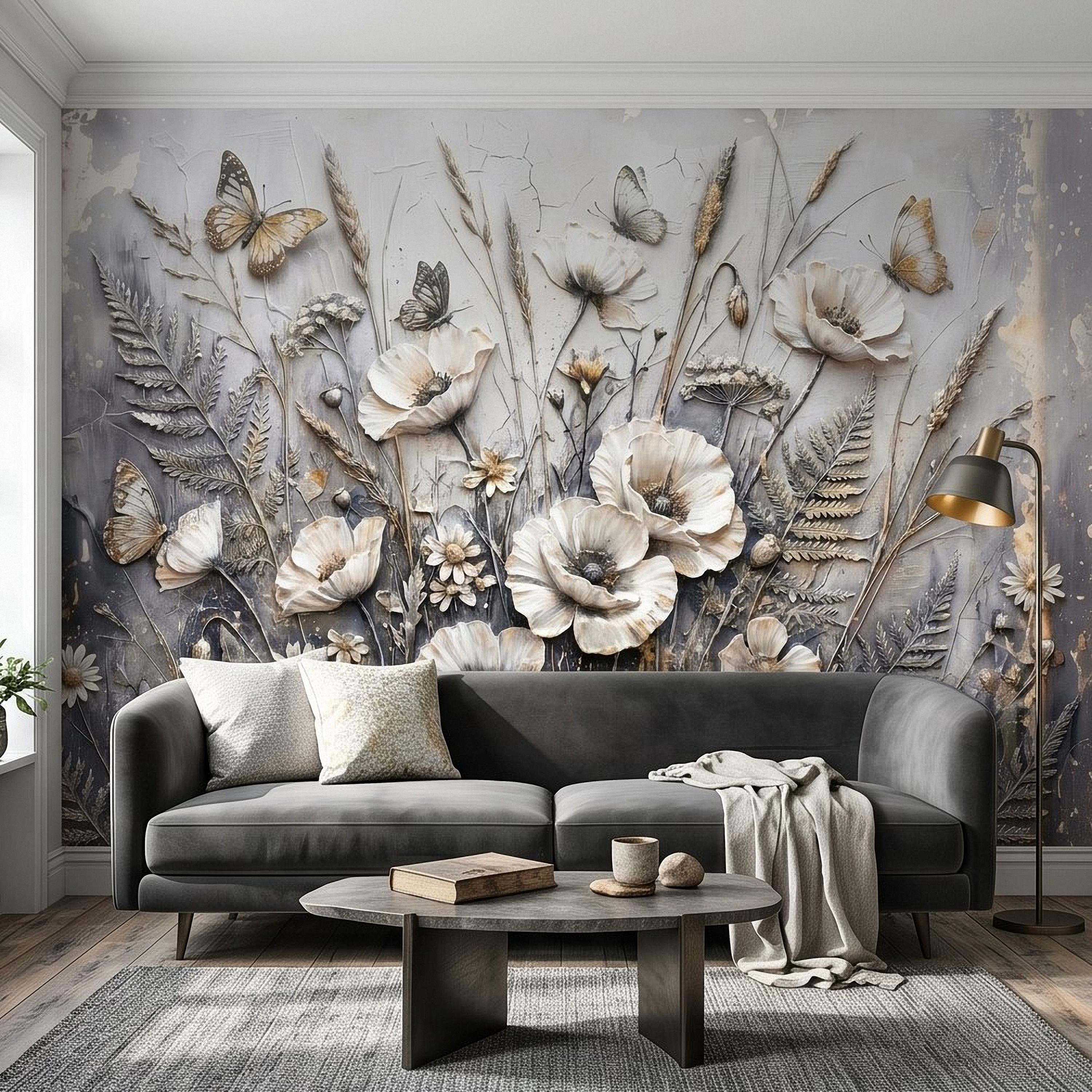 White Floral Botanical Peel & Stick Wall Mural Textured Butterflies Wildflowers Gray Plaster Style Luxury Embossed Vintage Elegant Wallpaper