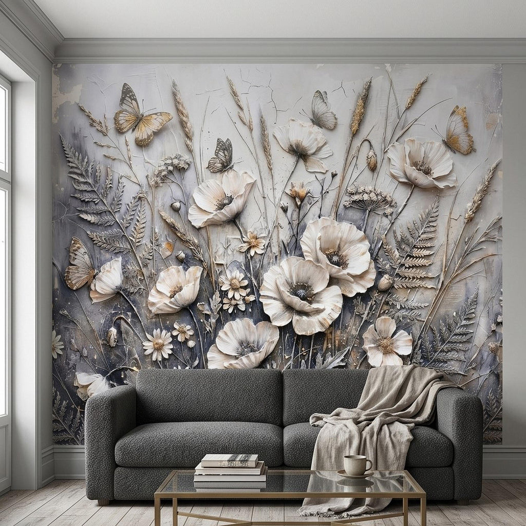 White Floral Botanical Peel & Stick Wall Mural Textured Butterflies Wildflowers Gray Plaster Style Luxury Embossed Vintage Elegant Wallpaper