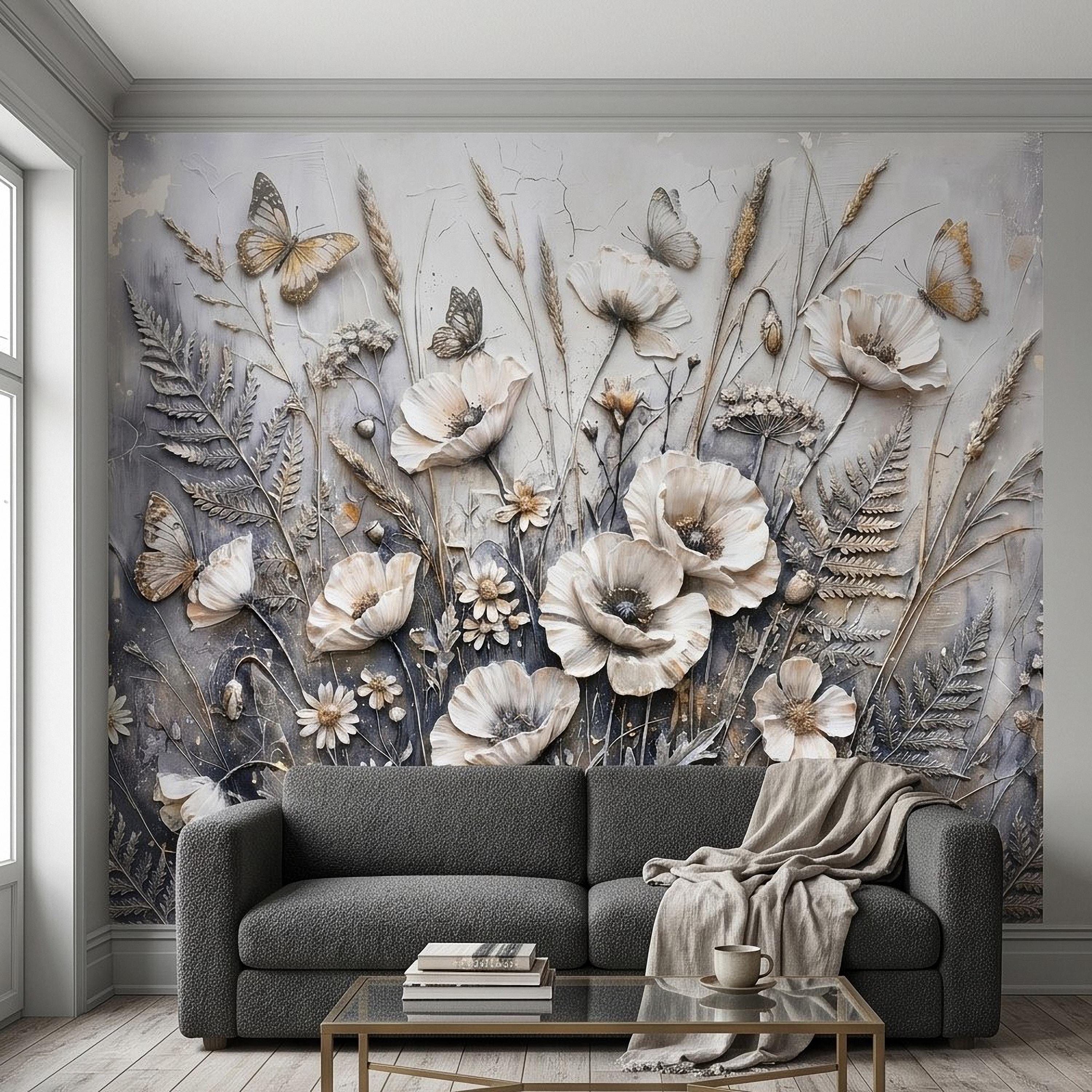 White Floral Botanical Peel & Stick Wall Mural Textured Butterflies Wildflowers Gray Plaster Style Luxury Embossed Vintage Elegant Wallpaper