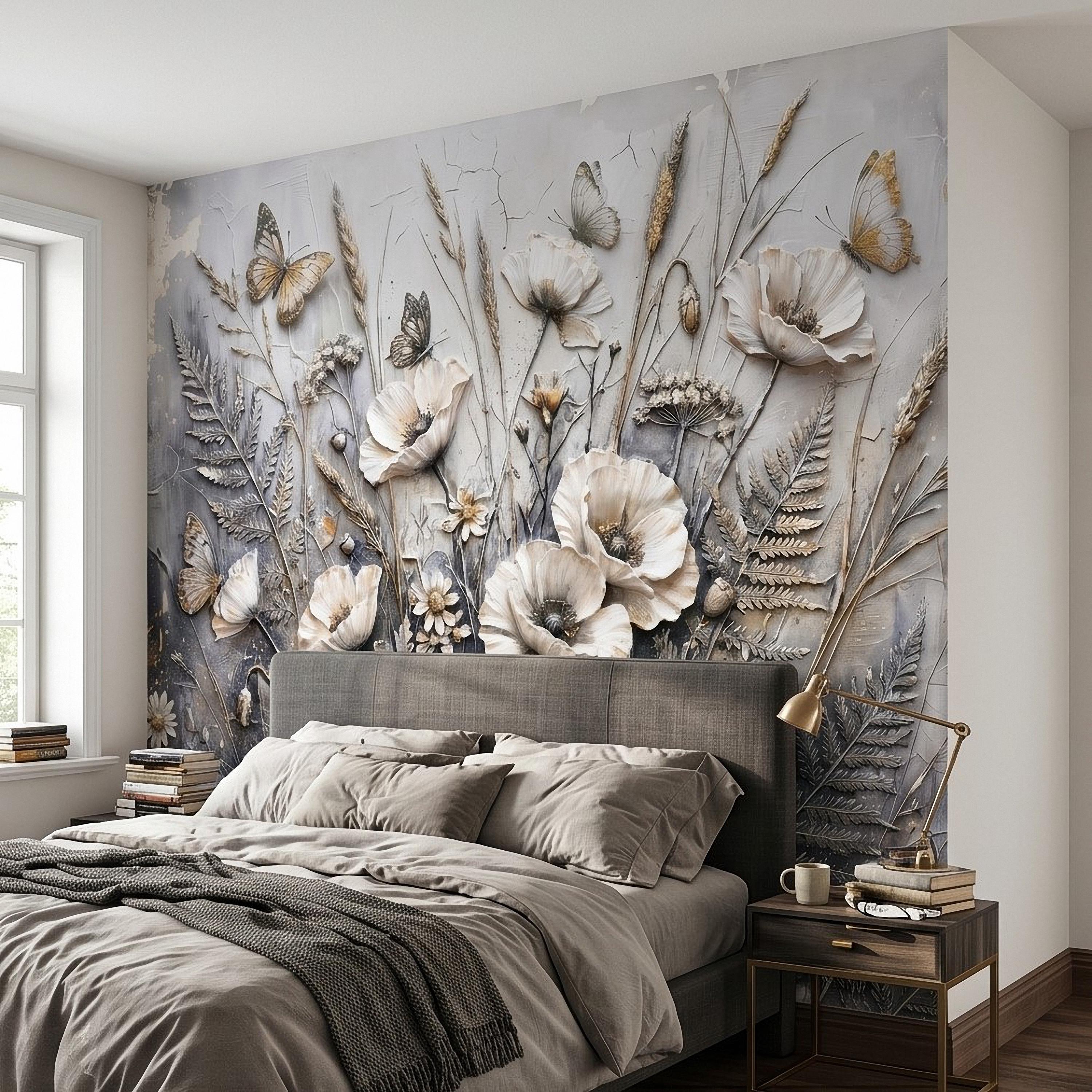 White Floral Botanical Peel & Stick Wall Mural Textured Butterflies Wildflowers Gray Plaster Style Luxury Embossed Vintage Elegant Wallpaper