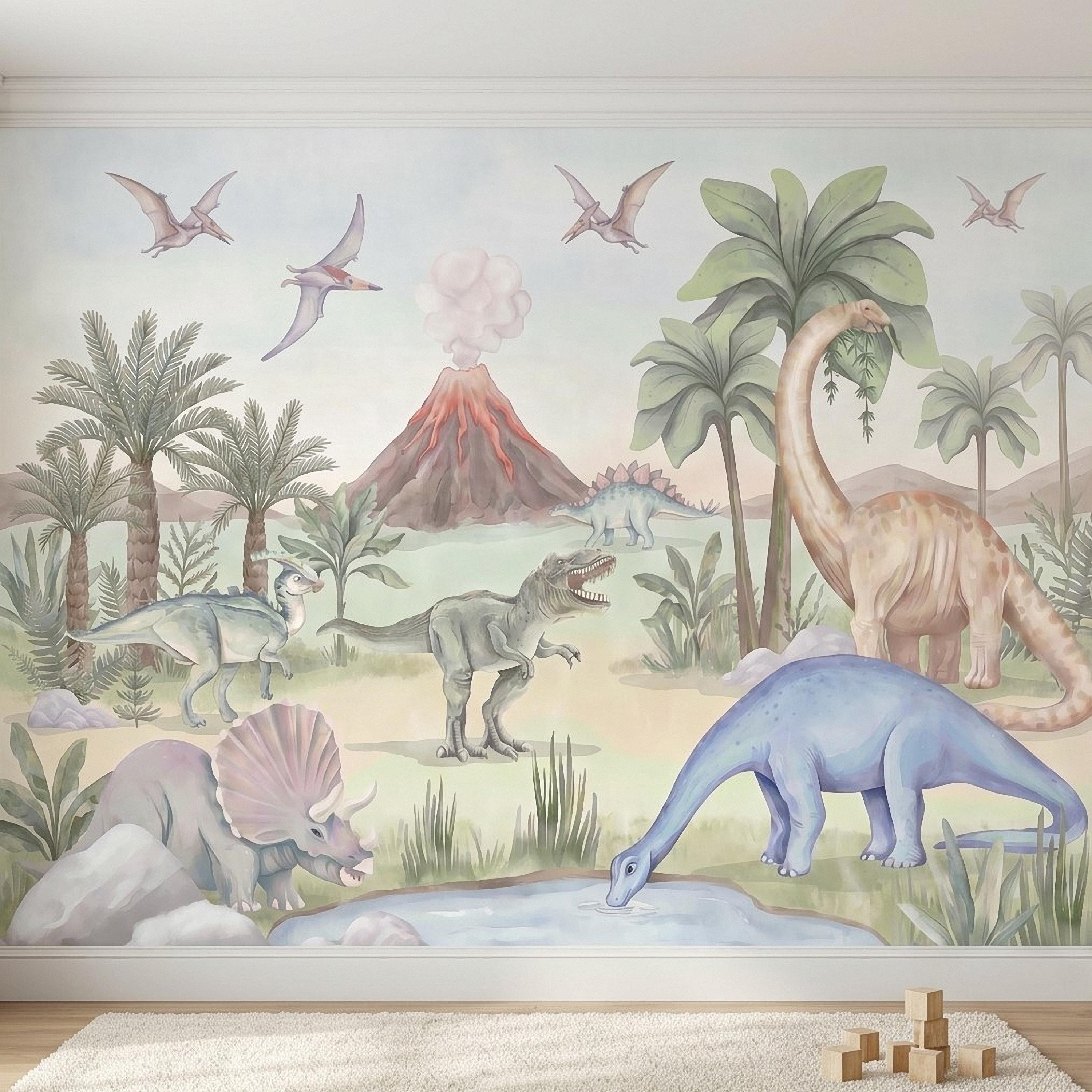 Dinosaur Peel and Stick Wall Mural, Watercolor Jurassic Volcano Scene with T Rex and Triceratops, Kids Room Nursery Wallpaper