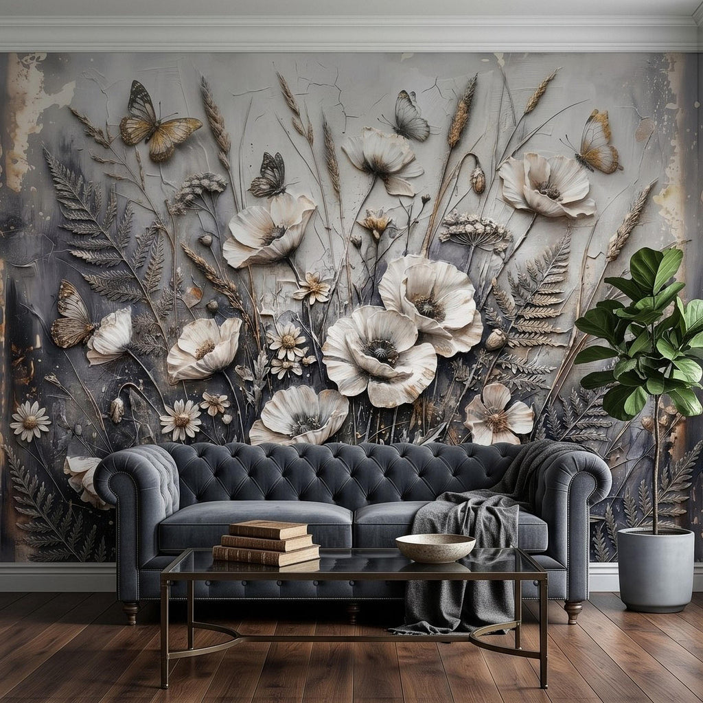 White Floral Botanical Peel & Stick Wall Mural Textured Butterflies Wildflowers Gray Plaster Style Luxury Embossed Vintage Elegant Wallpaper