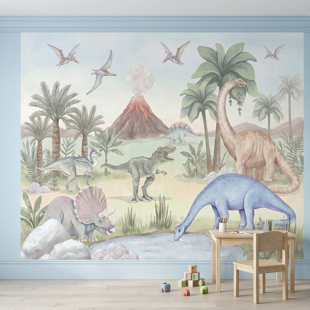 Dinosaur Peel and Stick Wall Mural, Watercolor Jurassic Volcano Scene with T Rex and Triceratops, Kids Room Nursery Wallpaper