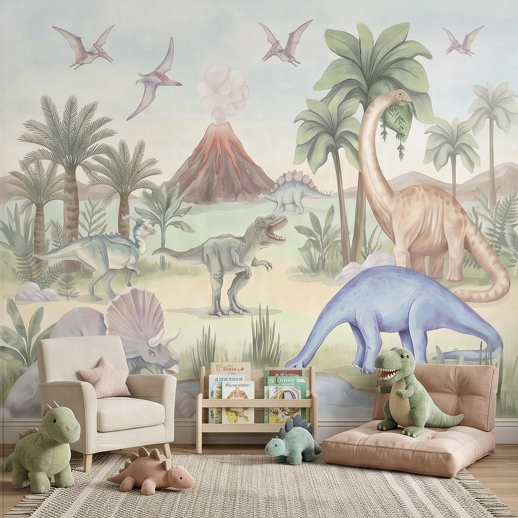 Dinosaur Peel and Stick Wall Mural, Watercolor Jurassic Volcano Scene with T Rex and Triceratops, Kids Room Nursery Wallpaper