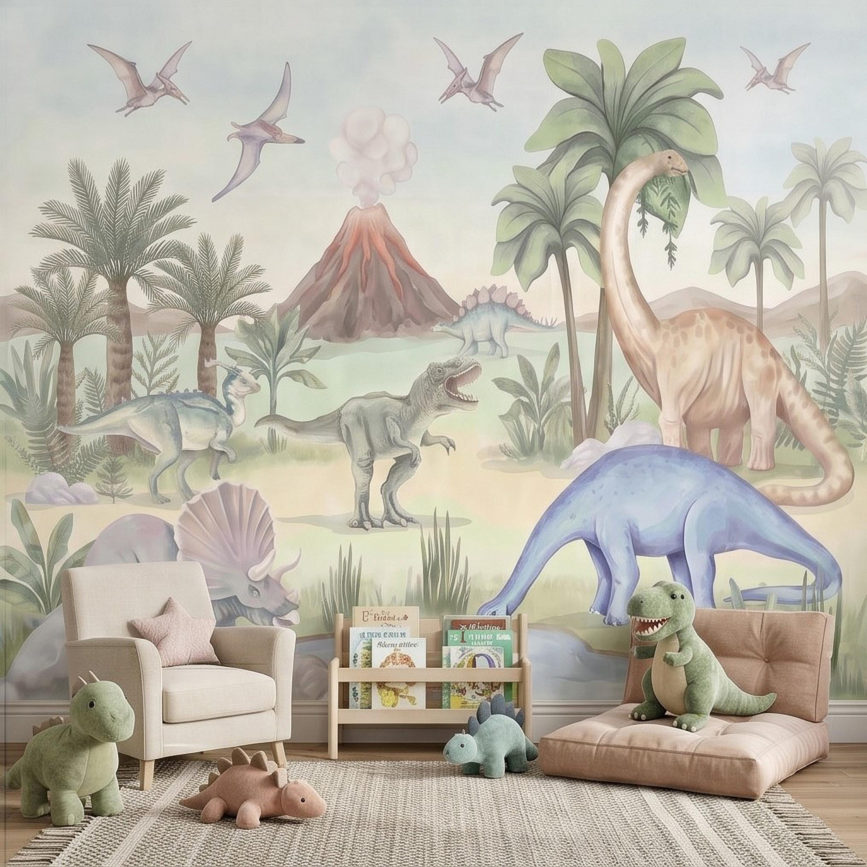 Dinosaur Peel and Stick Wall Mural, Watercolor Jurassic Volcano Scene with T Rex and Triceratops, Kids Room Nursery Wallpaper