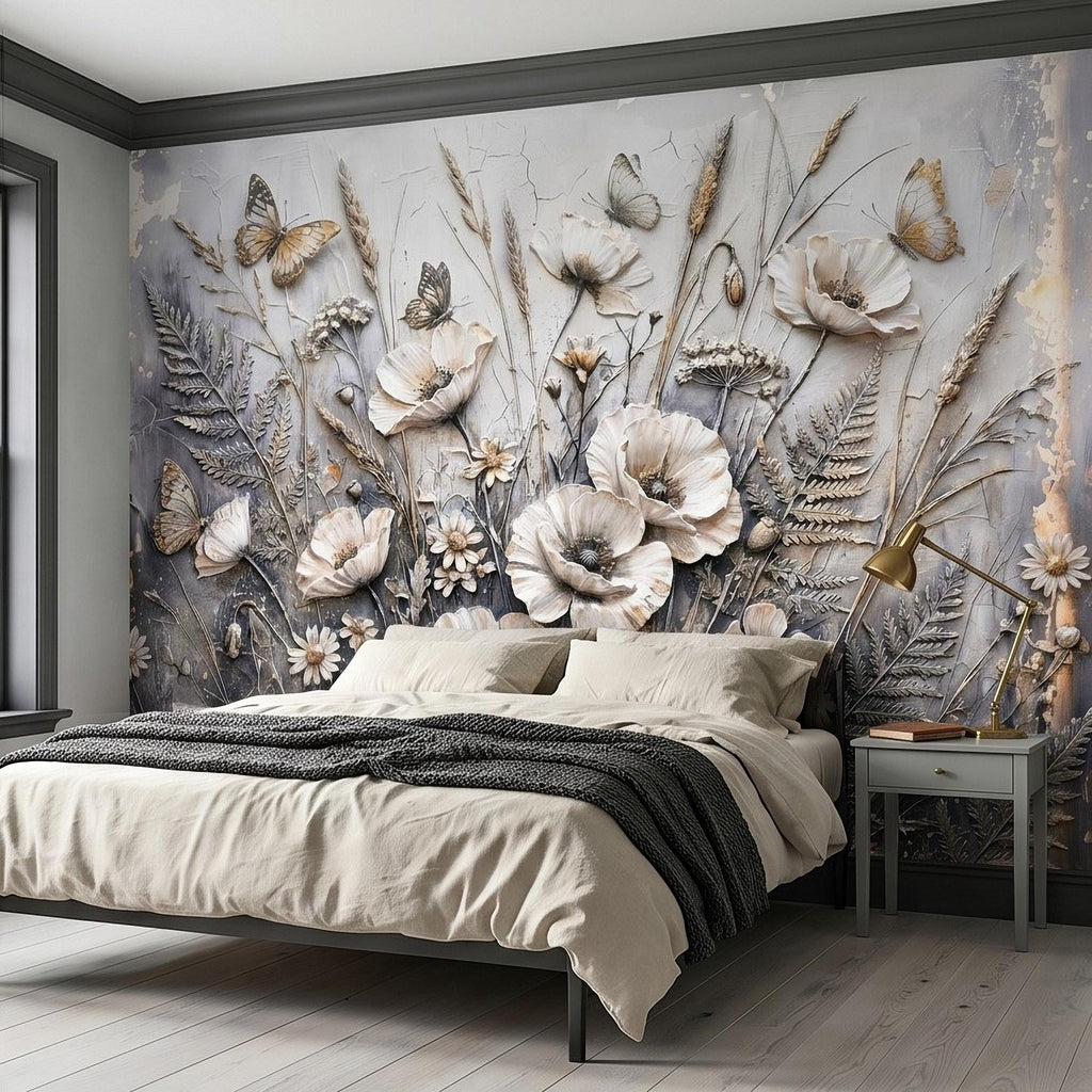 White Floral Botanical Peel & Stick Wall Mural Textured Butterflies Wildflowers Gray Plaster Style Luxury Embossed Vintage Elegant Wallpaper