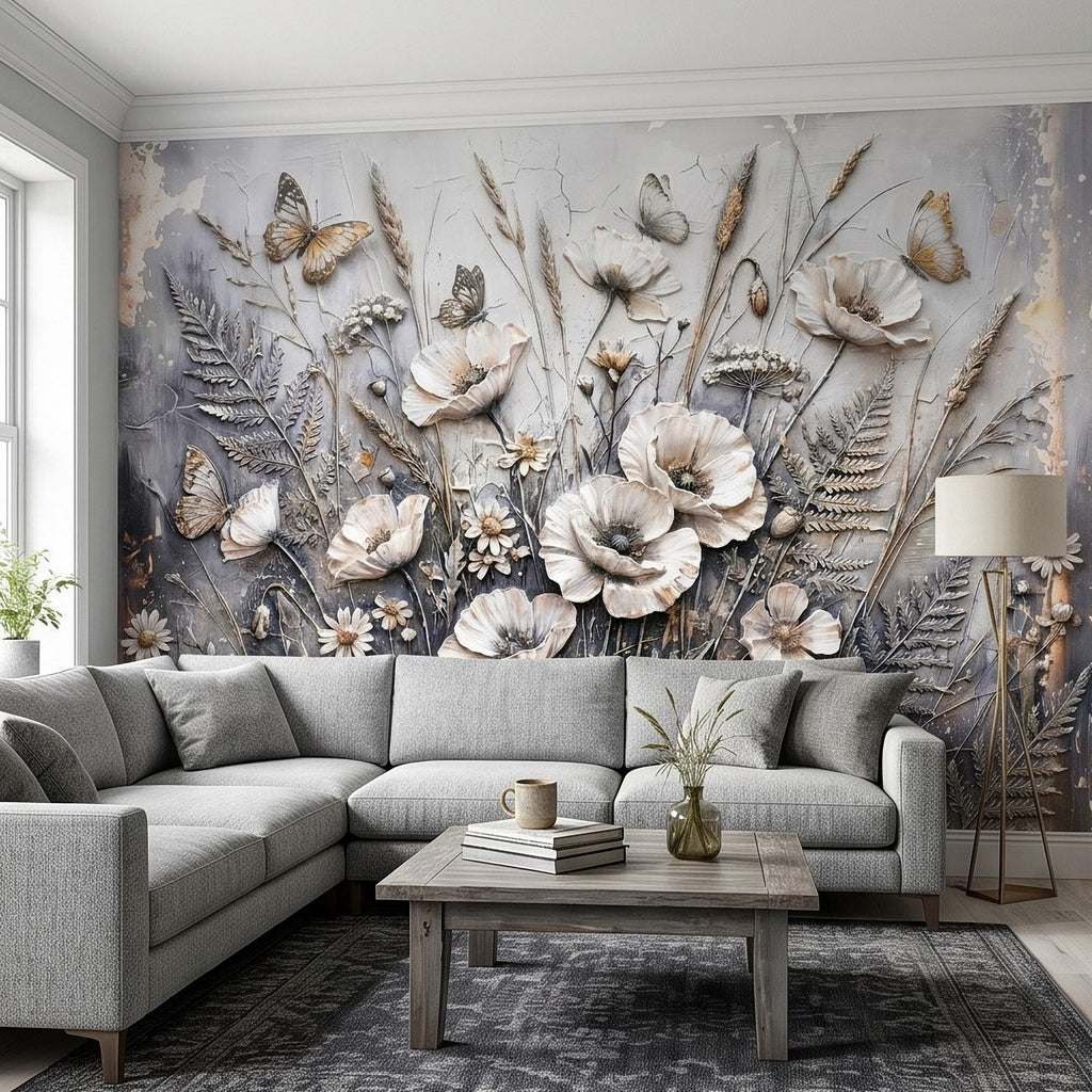 White Floral Botanical Peel & Stick Wall Mural Textured Butterflies Wildflowers Gray Plaster Style Luxury Embossed Vintage Elegant Wallpaper