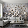 White Floral Botanical Peel & Stick Wall Mural Textured Butterflies Wildflowers Gray Plaster Style Luxury Embossed Vintage Elegant Wallpaper