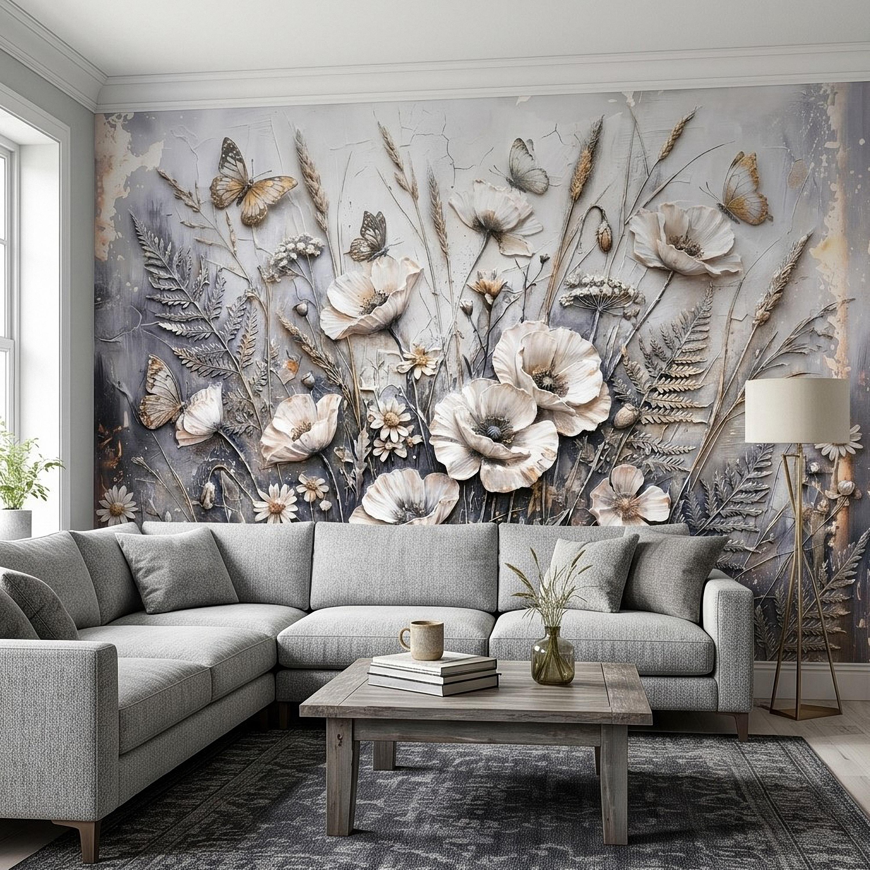 White Floral Botanical Peel & Stick Wall Mural Textured Butterflies Wildflowers Gray Plaster Style Luxury Embossed Vintage Elegant Wallpaper