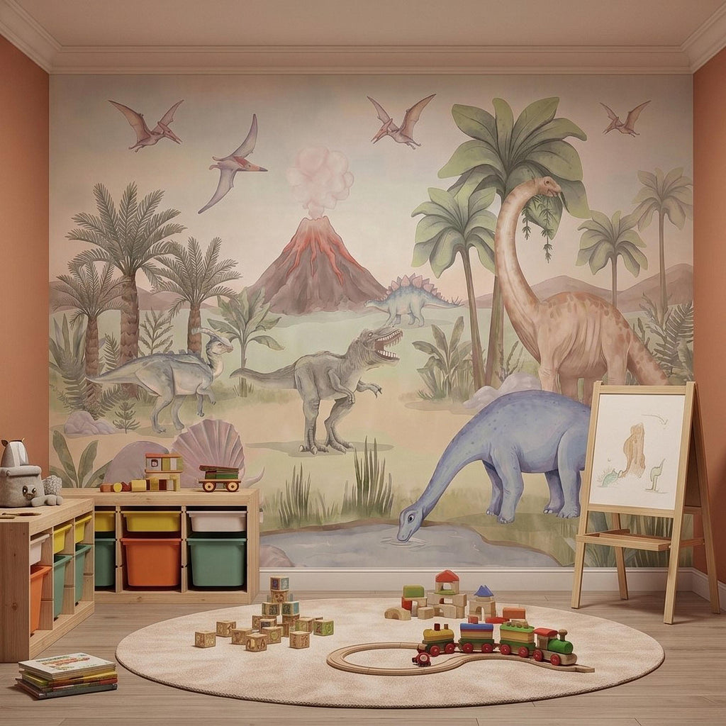Dinosaur Peel and Stick Wall Mural, Watercolor Jurassic Volcano Scene with T Rex and Triceratops, Kids Room Nursery Wallpaper