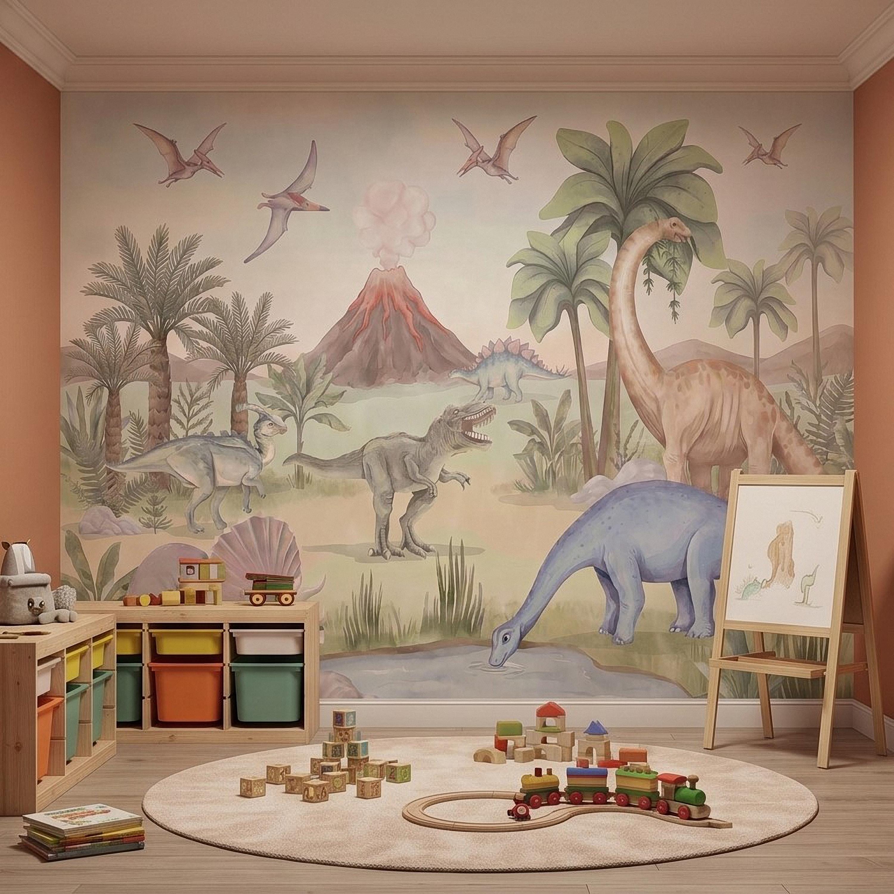 Dinosaur Peel and Stick Wall Mural, Watercolor Jurassic Volcano Scene with T Rex and Triceratops, Kids Room Nursery Wallpaper