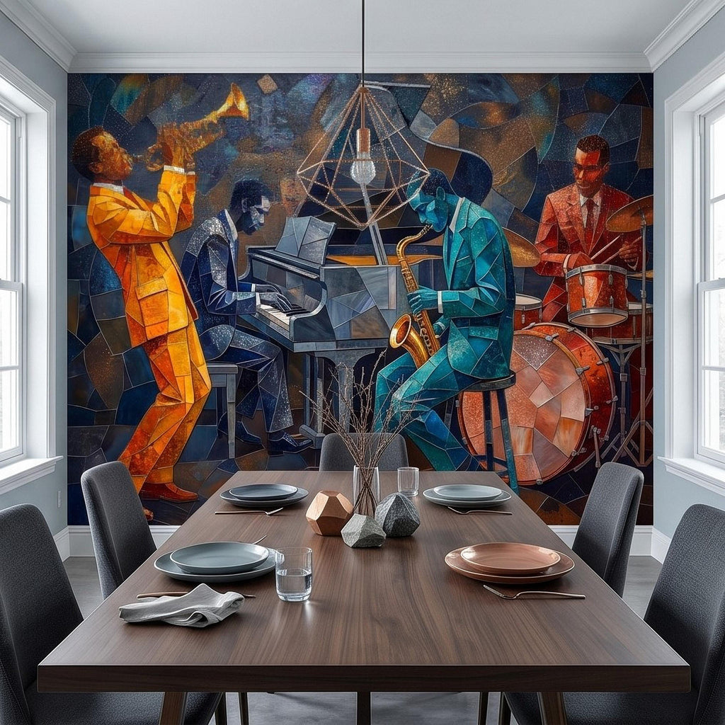 Cubist Jazz Band Peel and Stick Wall Mural, Geometric Mosaic Musicians with Trumpet Piano Sax Drums, Mid Century Art Deco Lounge Wallpaper