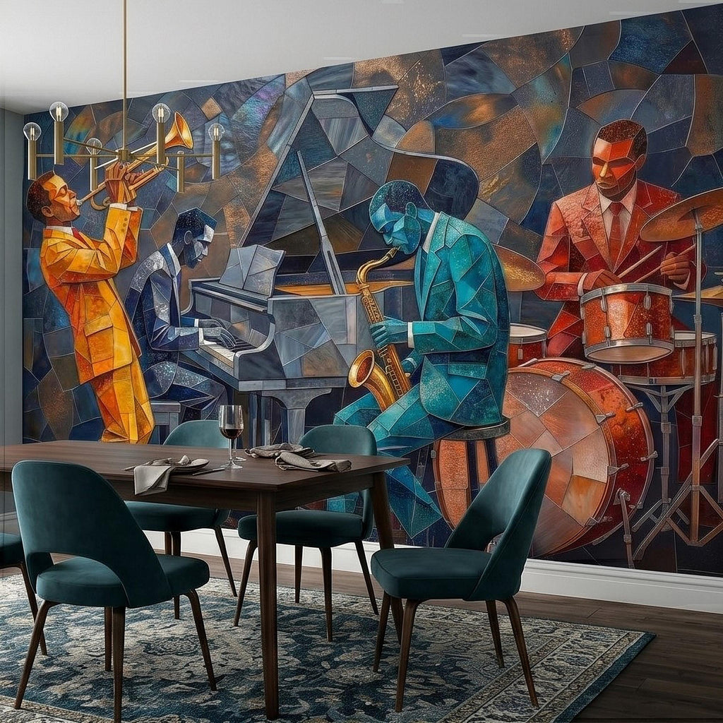 Cubist Jazz Band Peel and Stick Wall Mural, Geometric Mosaic Musicians with Trumpet Piano Sax Drums, Mid Century Art Deco Lounge Wallpaper