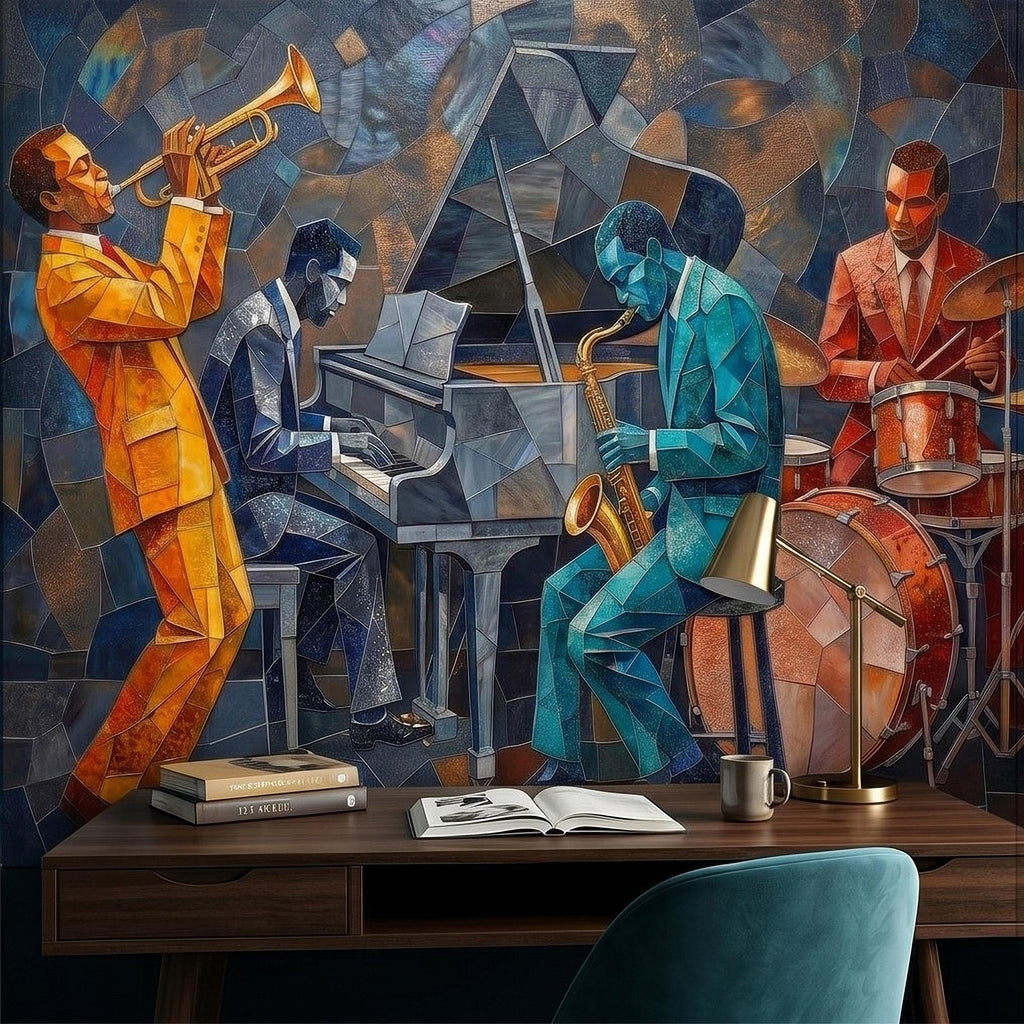 Cubist Jazz Band Peel and Stick Wall Mural, Geometric Mosaic Musicians with Trumpet Piano Sax Drums, Mid Century Art Deco Lounge Wallpaper