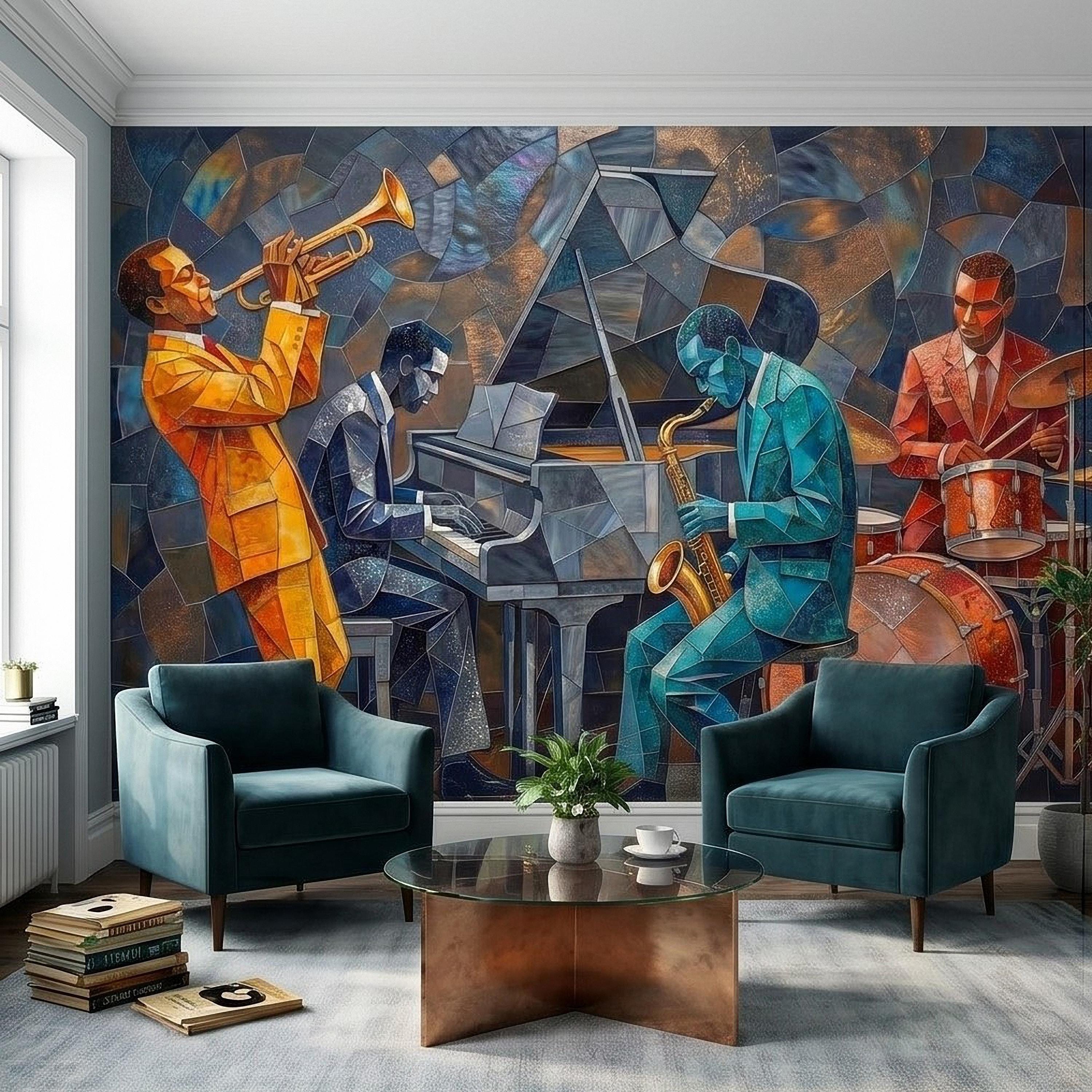 Cubist Jazz Band Peel and Stick Wall Mural, Geometric Mosaic Musicians with Trumpet Piano Sax Drums, Mid Century Art Deco Lounge Wallpaper