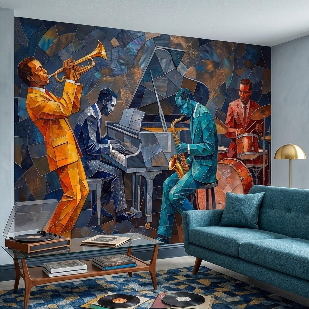 Cubist Jazz Band Peel and Stick Wall Mural, Geometric Mosaic Musicians with Trumpet Piano Sax Drums, Mid Century Art Deco Lounge Wallpaper
